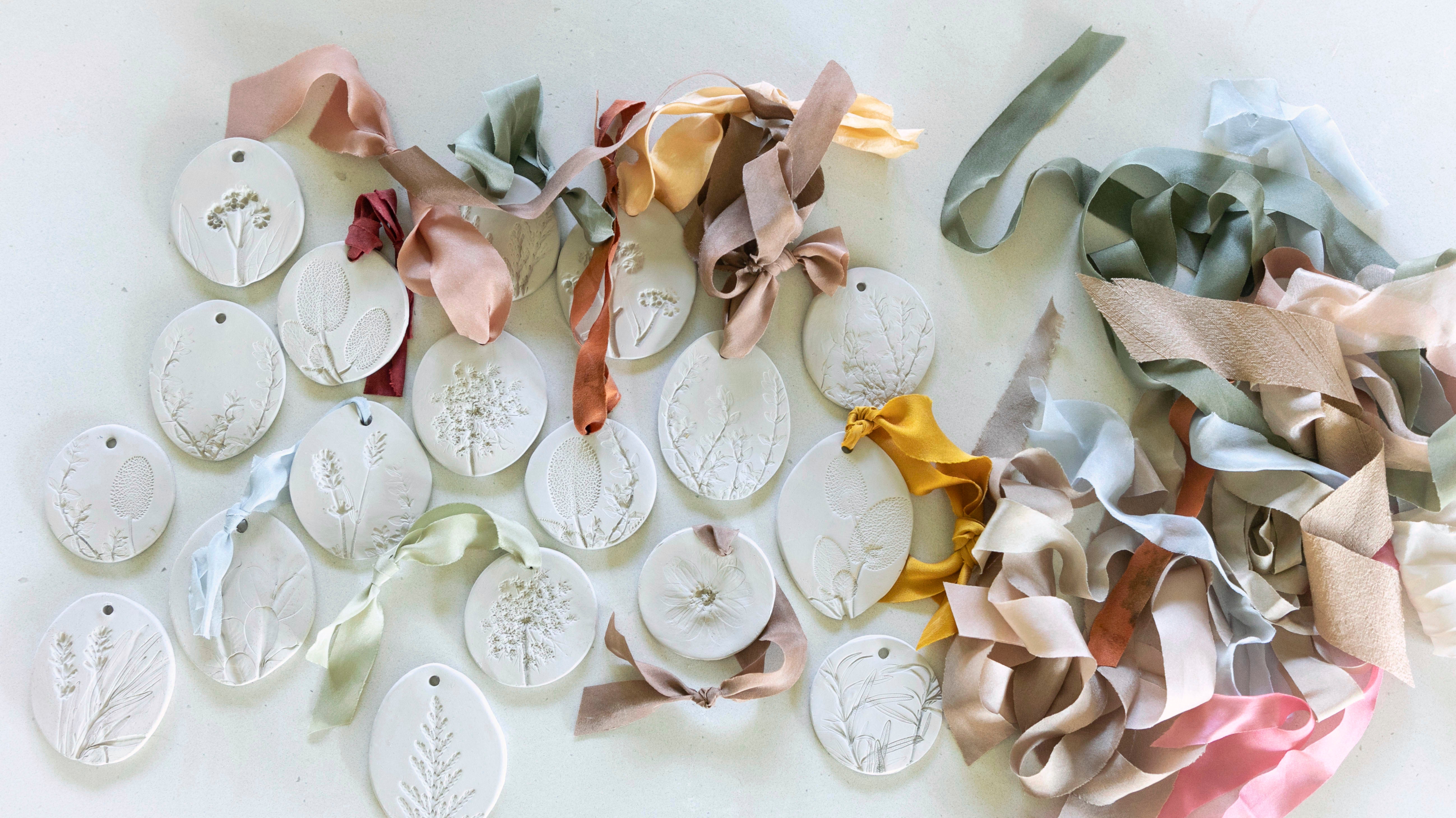 Botanical Imprinted Clay Ornaments with Silk Ribbons