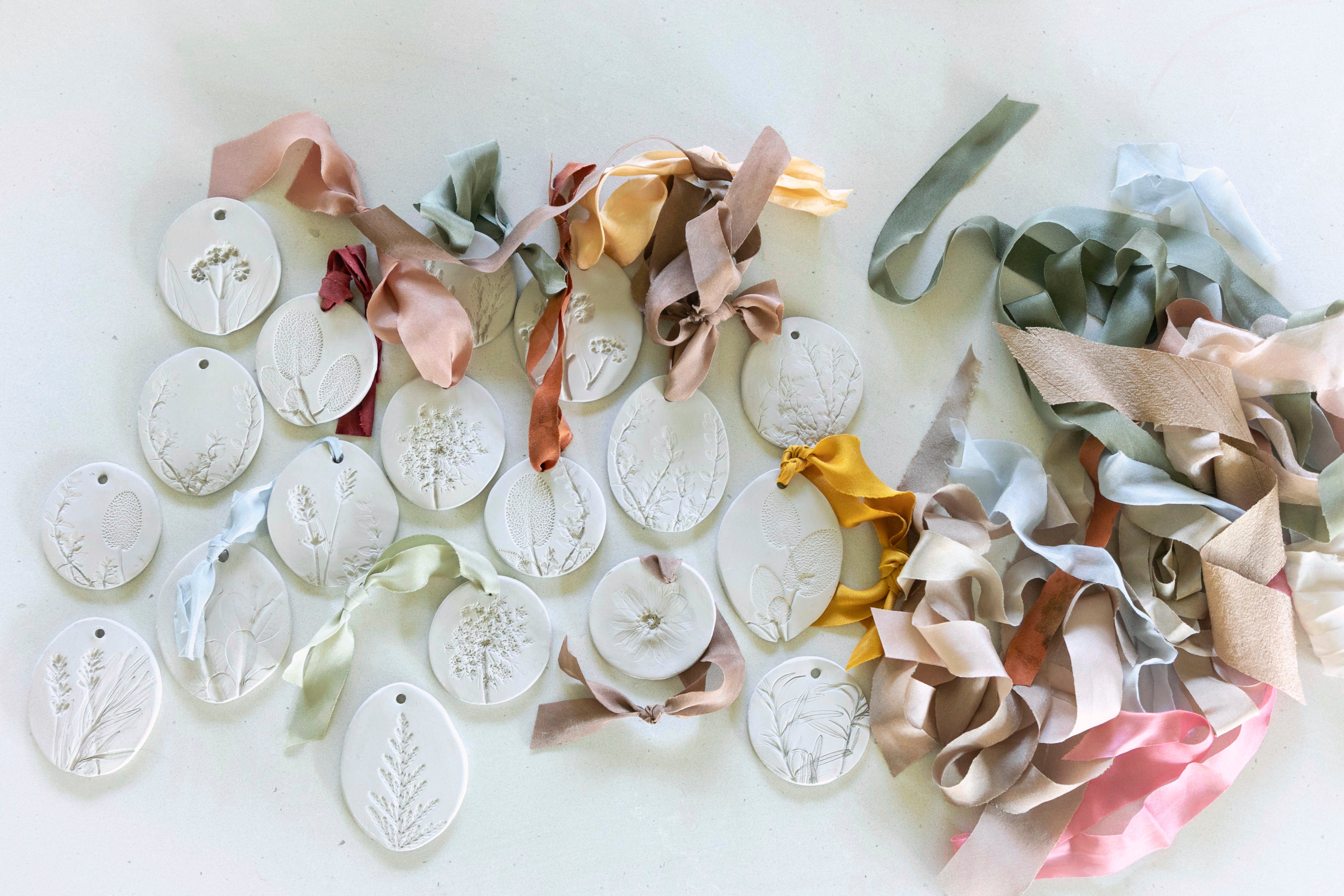 Botanical Imprinted Clay Ornaments with Silk Ribbons