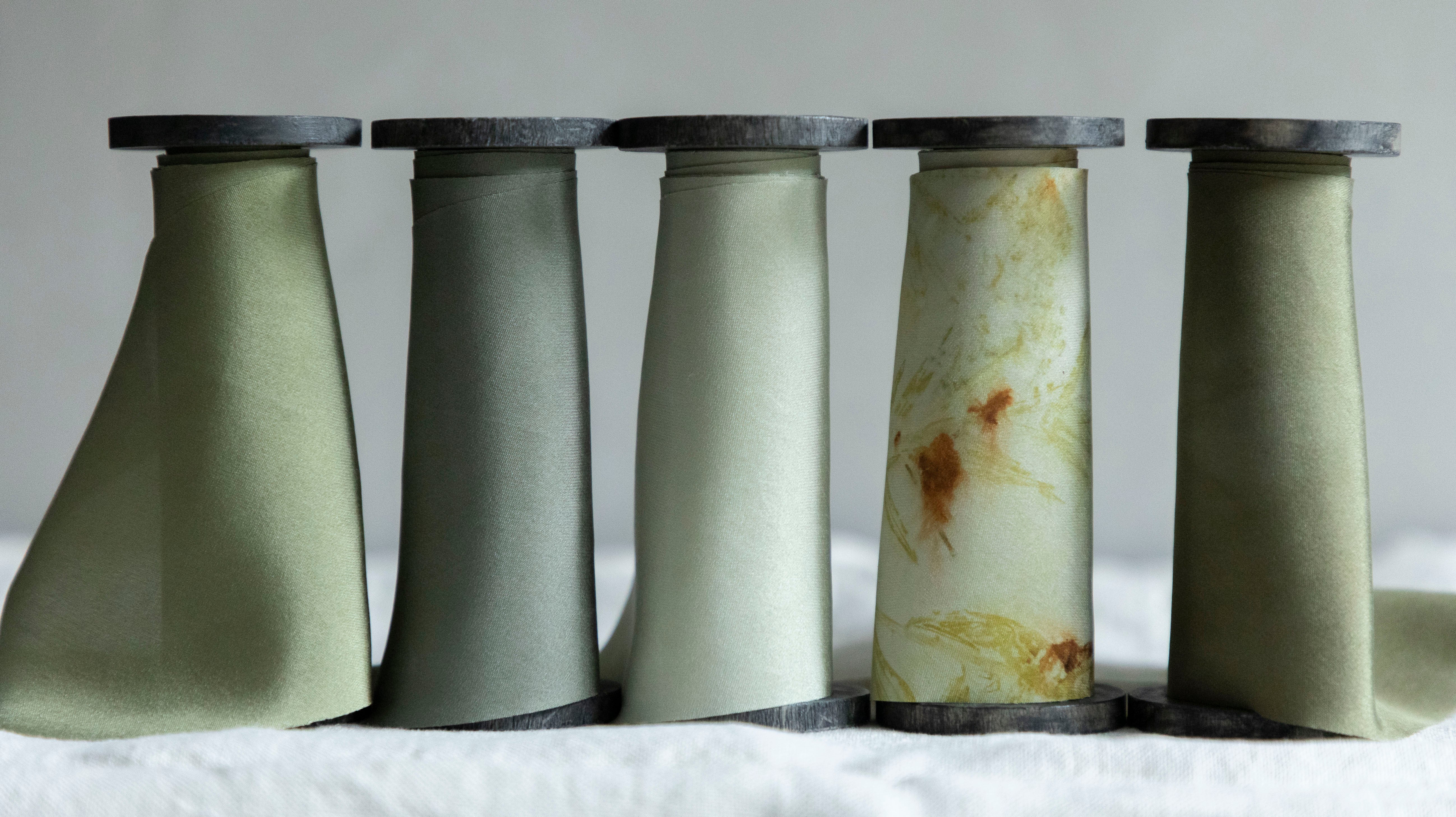 A Collection of Plant Dyed Silk Ribbon in Green Hues for the Holiday Season
