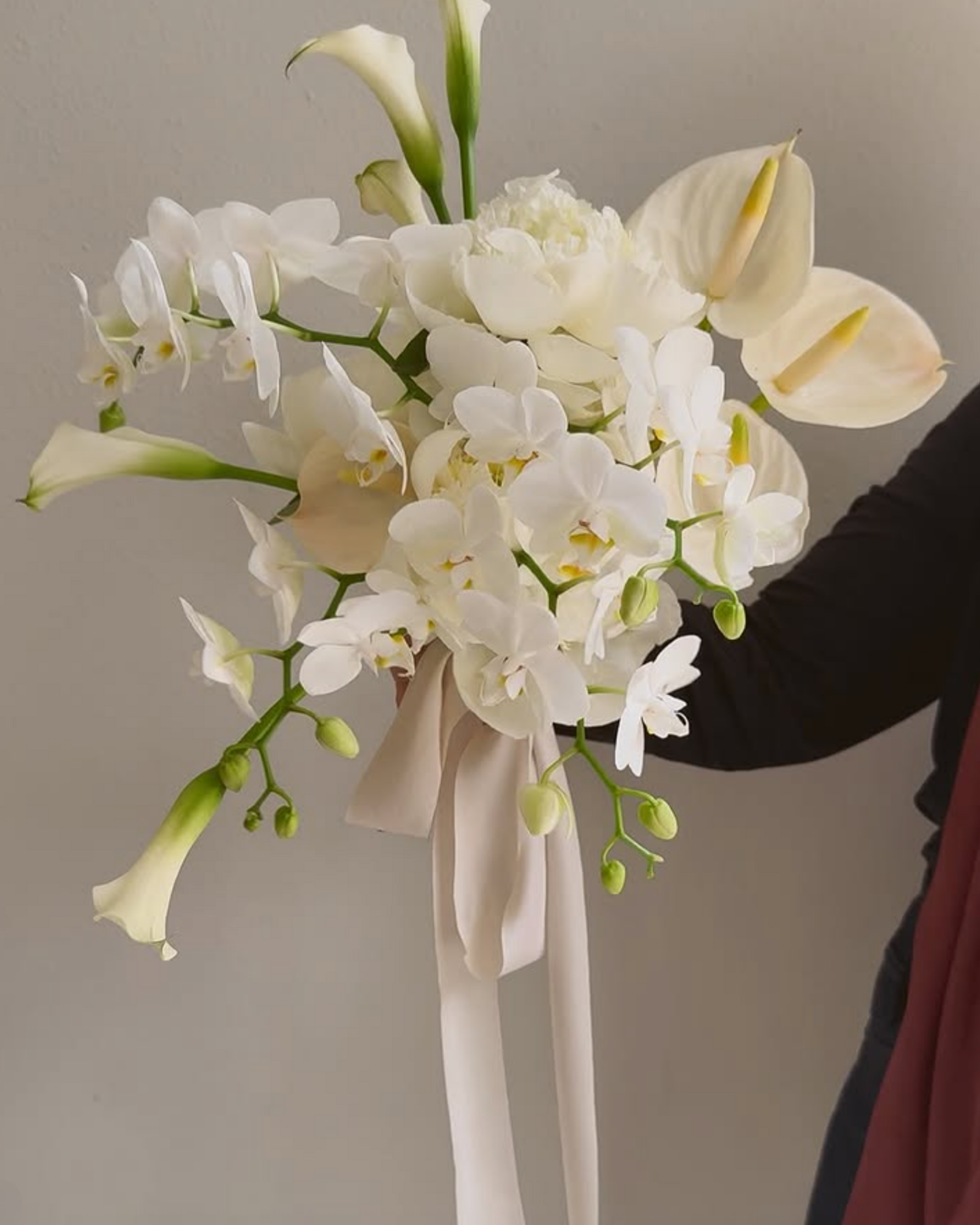 Bouquet of white flowers with a beige ribbon held by a person against a neutral background