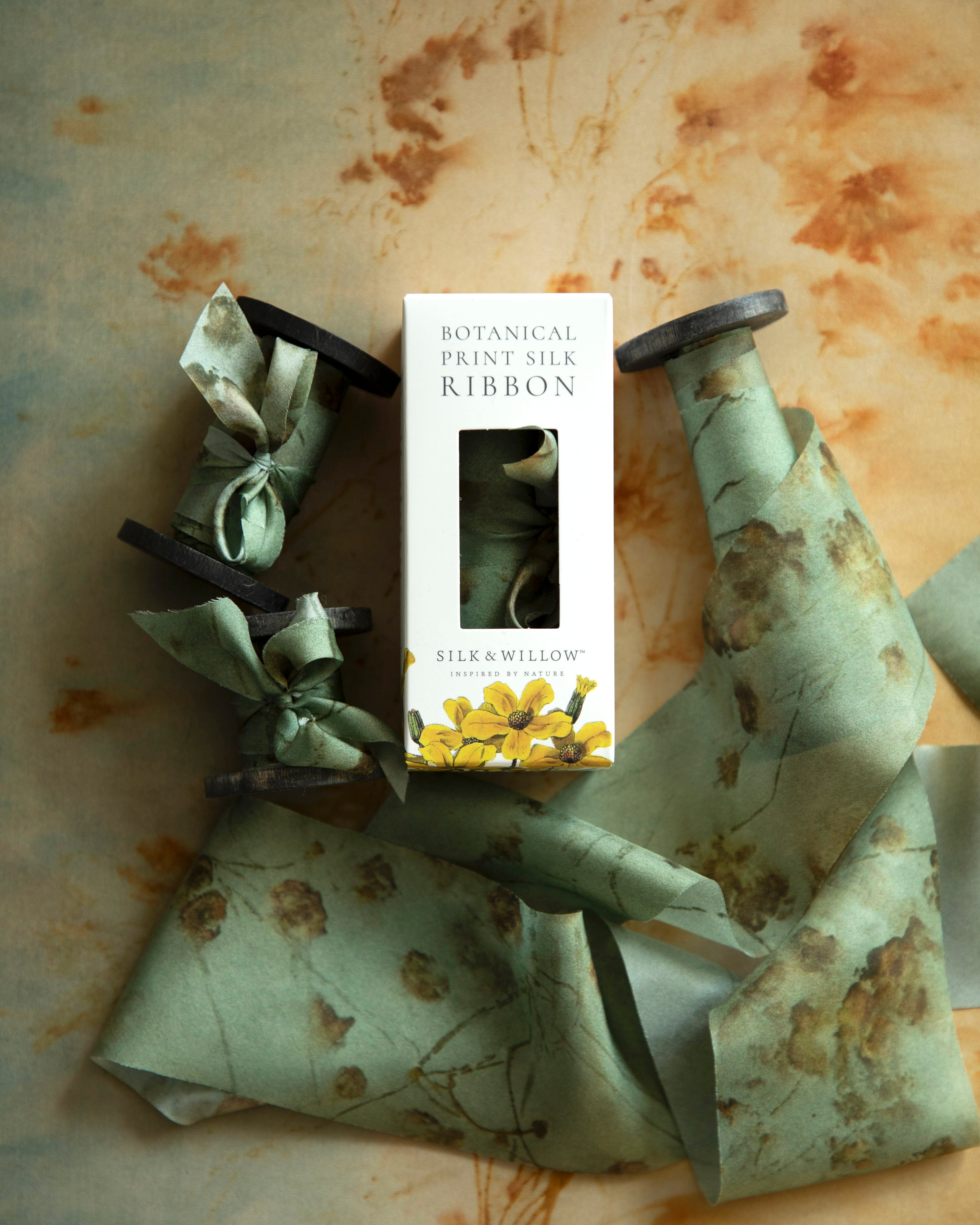 Eco-friendly silk ribbons with nature-inspired patterns, perfect for unique gift wrapping and tying market bouquets, crafted from sustainable materials