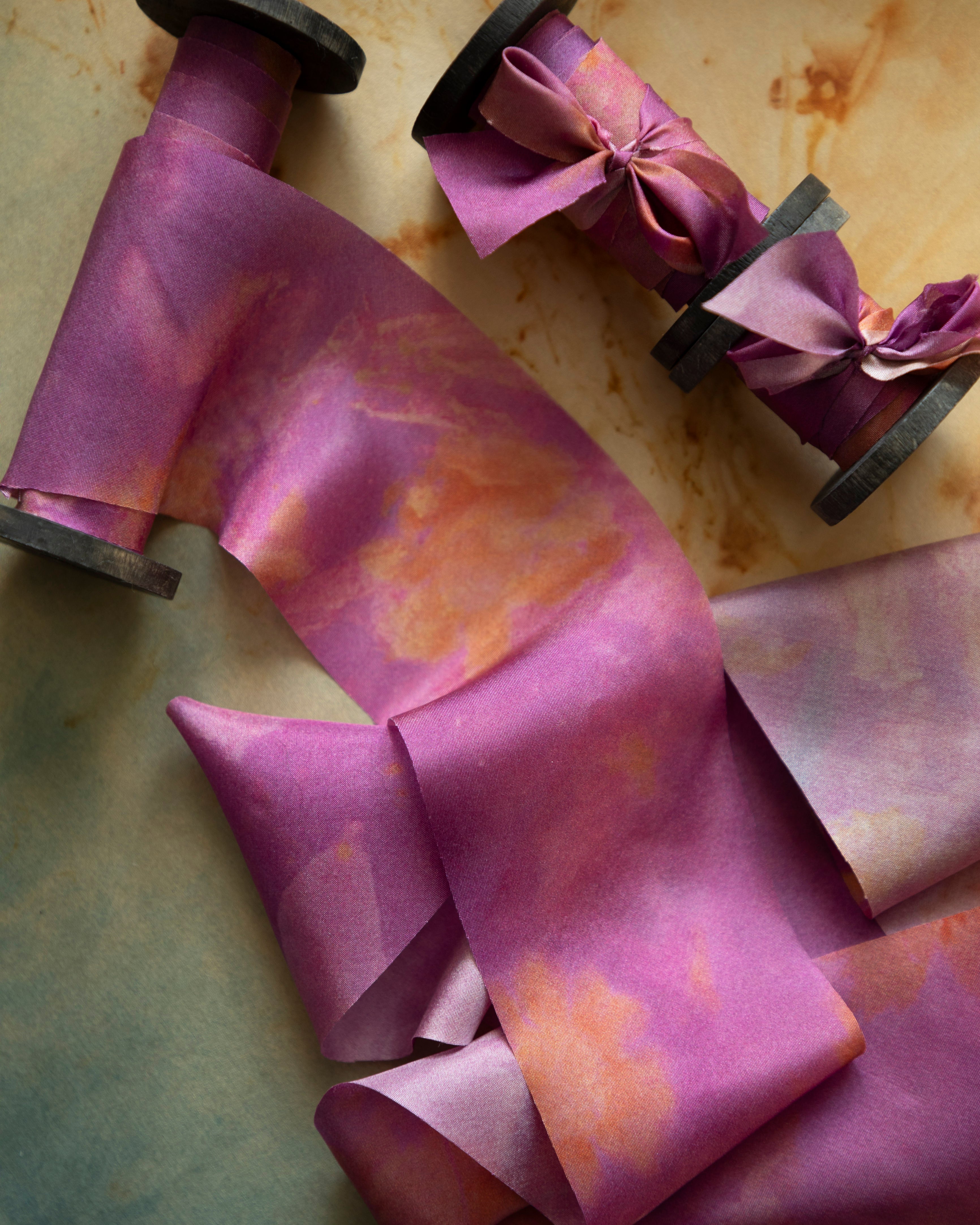 Eco-friendly silk ribbons with nature-inspired patterns, perfect for unique gift wrapping and tying market bouquets, crafted from sustainable materials