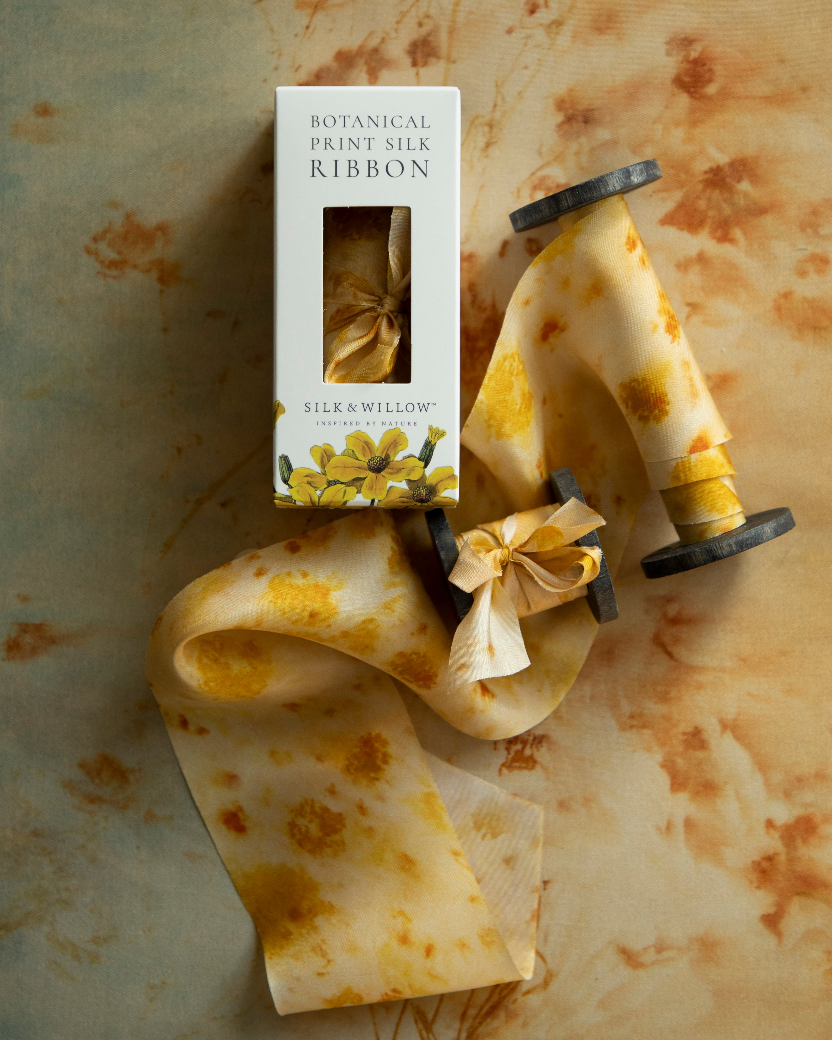 Eco-friendly silk ribbons with nature-inspired patterns, perfect for unique gift wrapping and tying market bouquets, crafted from sustainable materials