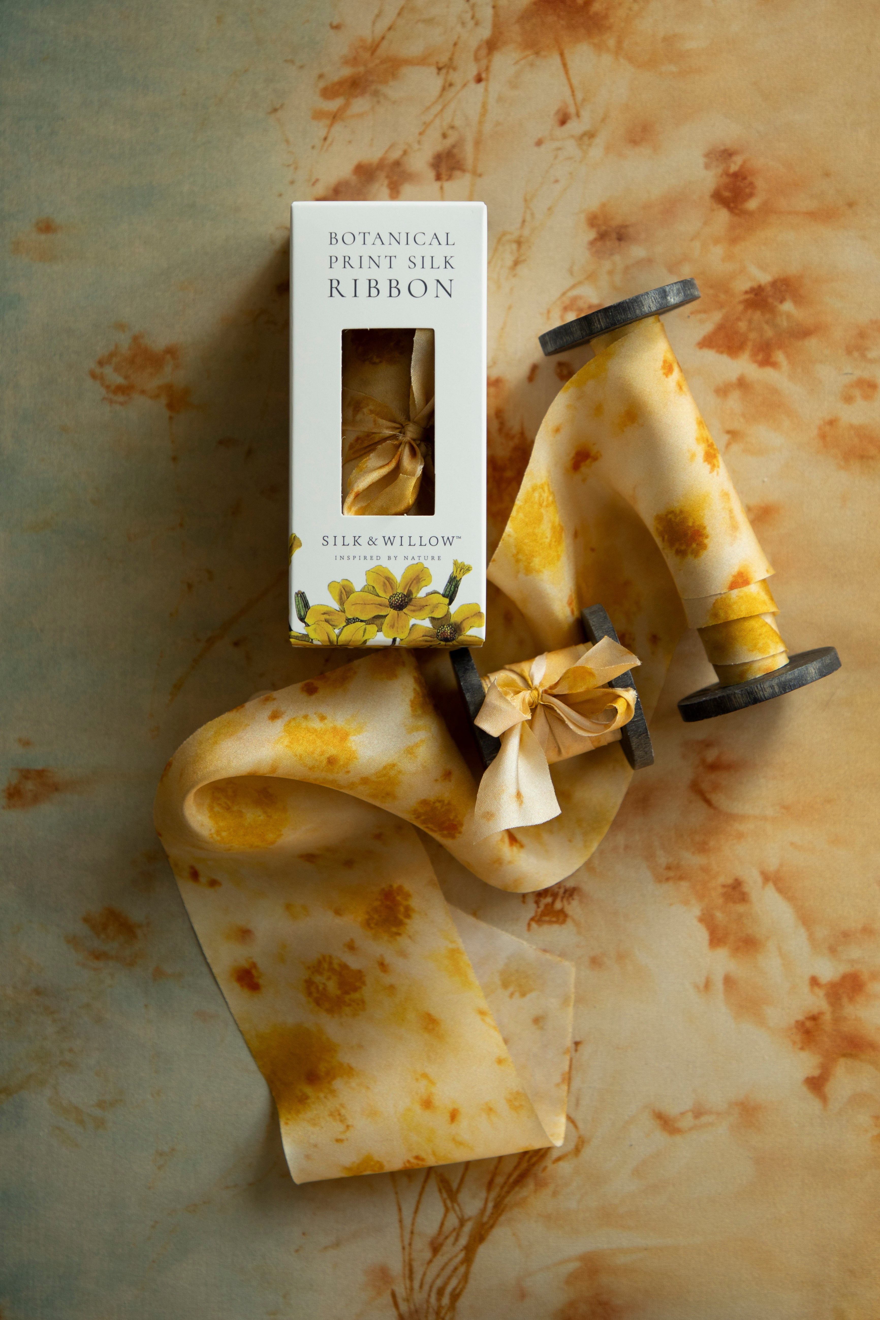 Eco-friendly silk ribbons with nature-inspired patterns, perfect for unique gift wrapping and tying market bouquets, crafted from sustainable materials