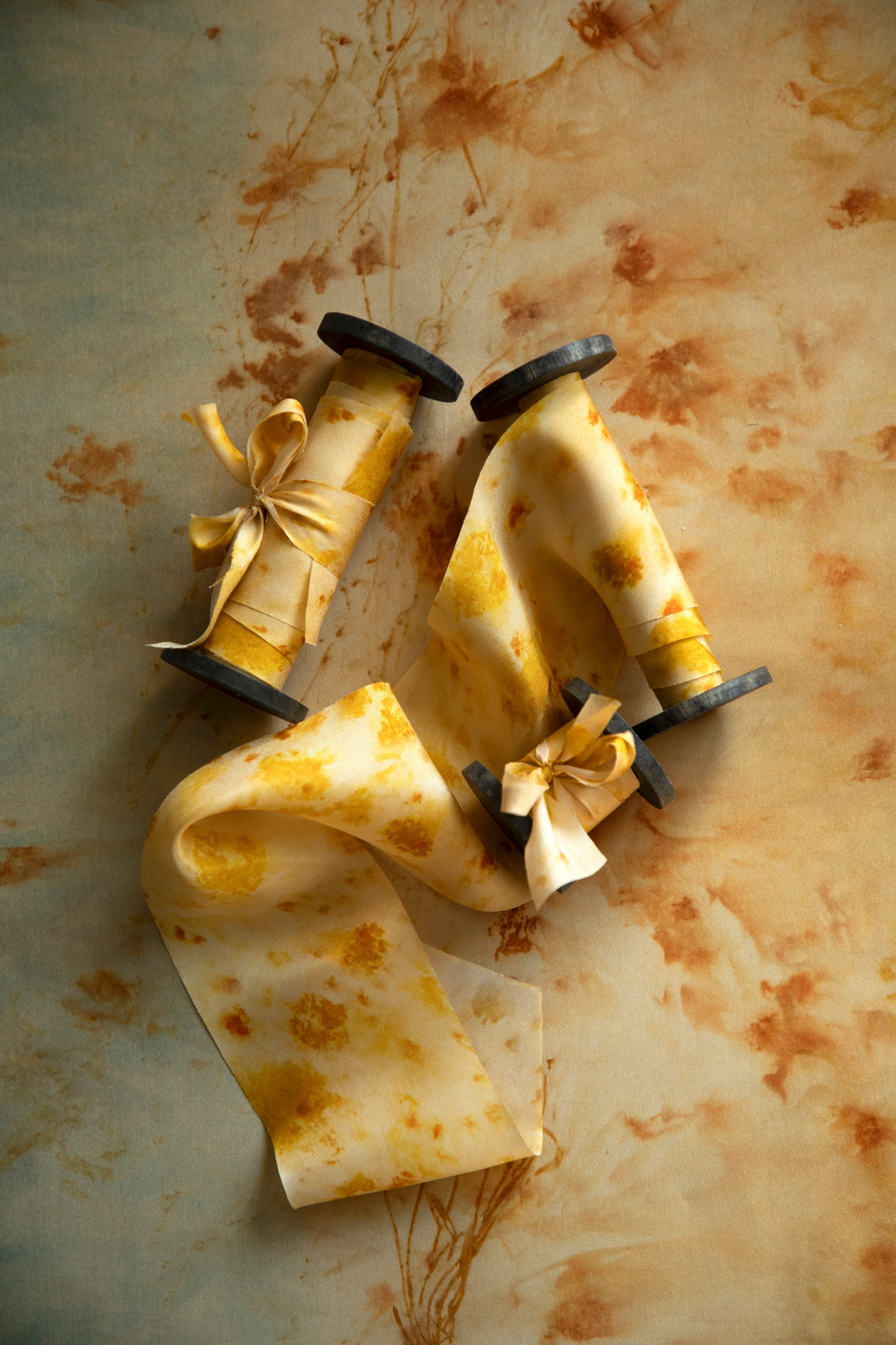 Eco-friendly silk ribbons with nature-inspired patterns, perfect for unique gift wrapping and tying market bouquets, crafted from sustainable materials