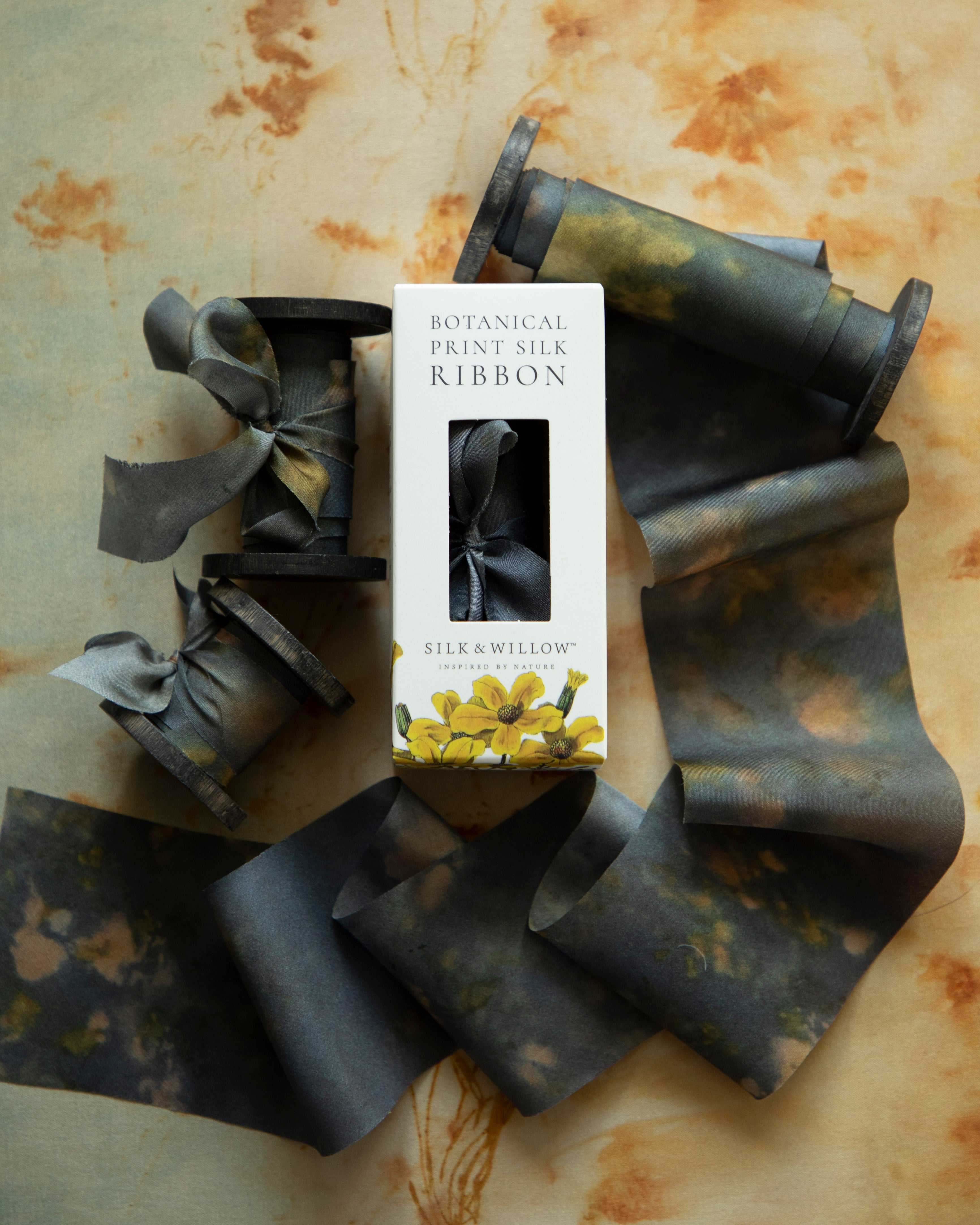 Eco-friendly silk ribbons with nature-inspired patterns, perfect for unique gift wrapping and tying market bouquets, crafted from sustainable materials