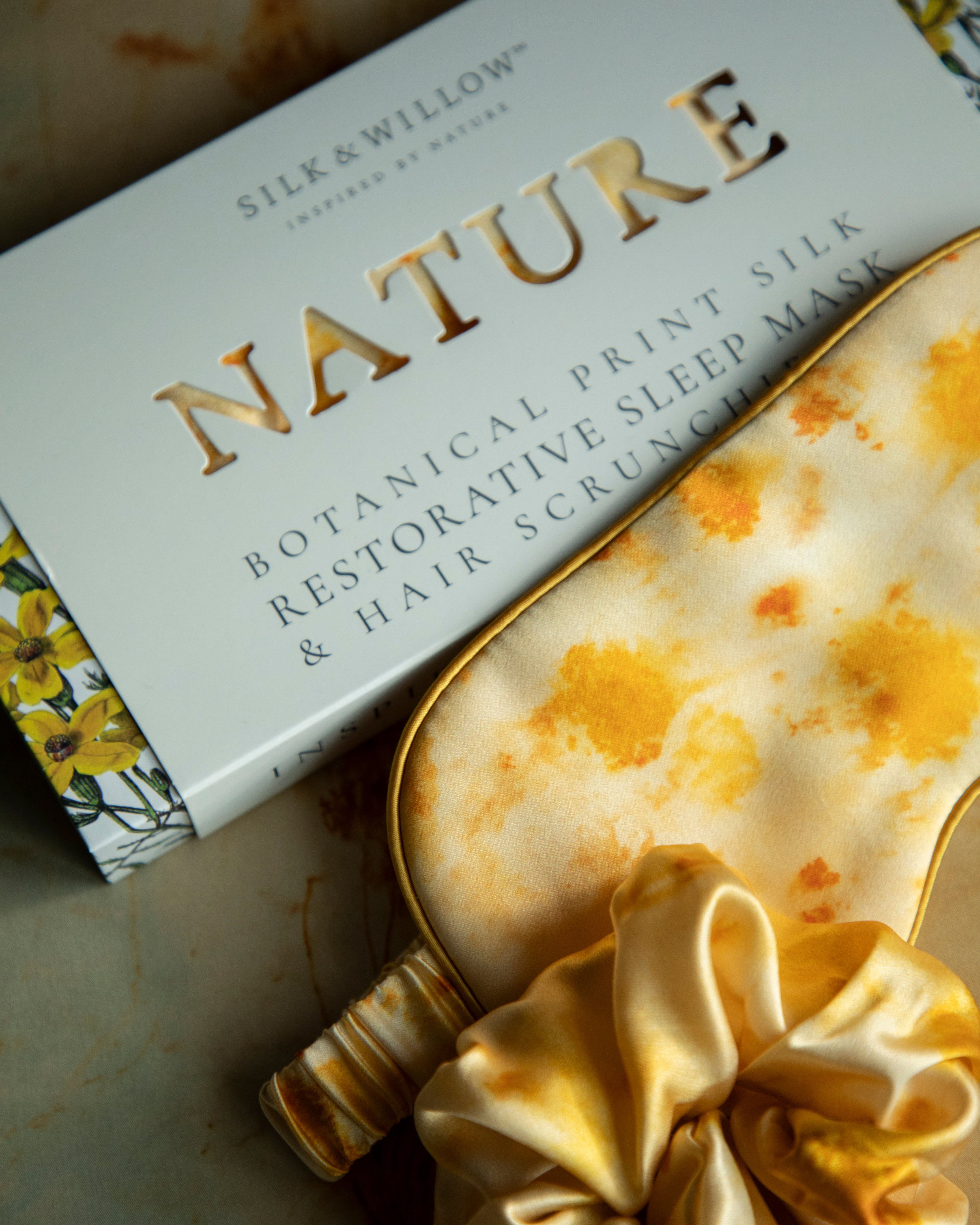 luxury silk sleep eye mask. yellow marigold flower prints.