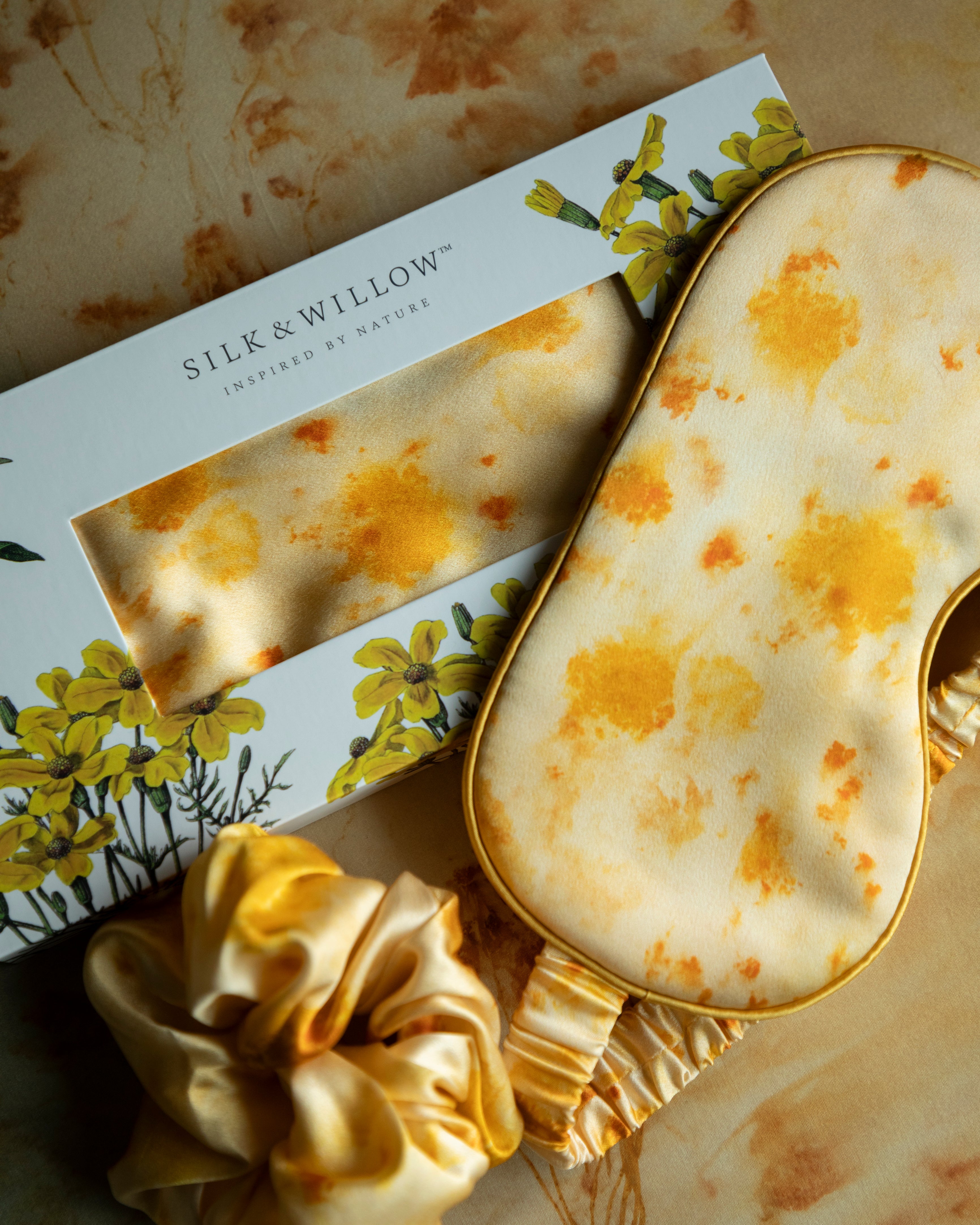 botanical print silk sleep eye mask in nature inspired gift packaging