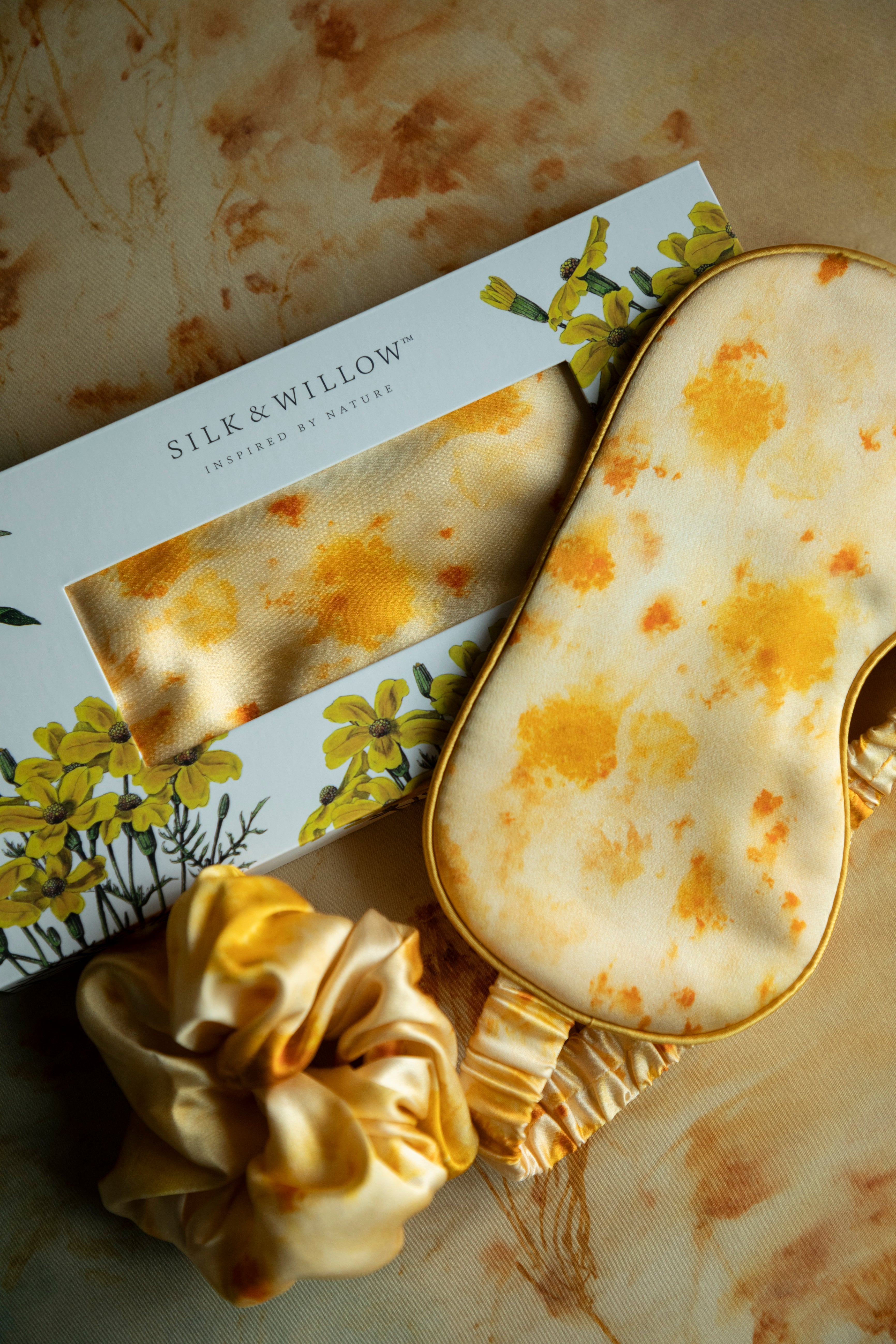 botanical print silk sleep eye mask in nature inspired gift packaging