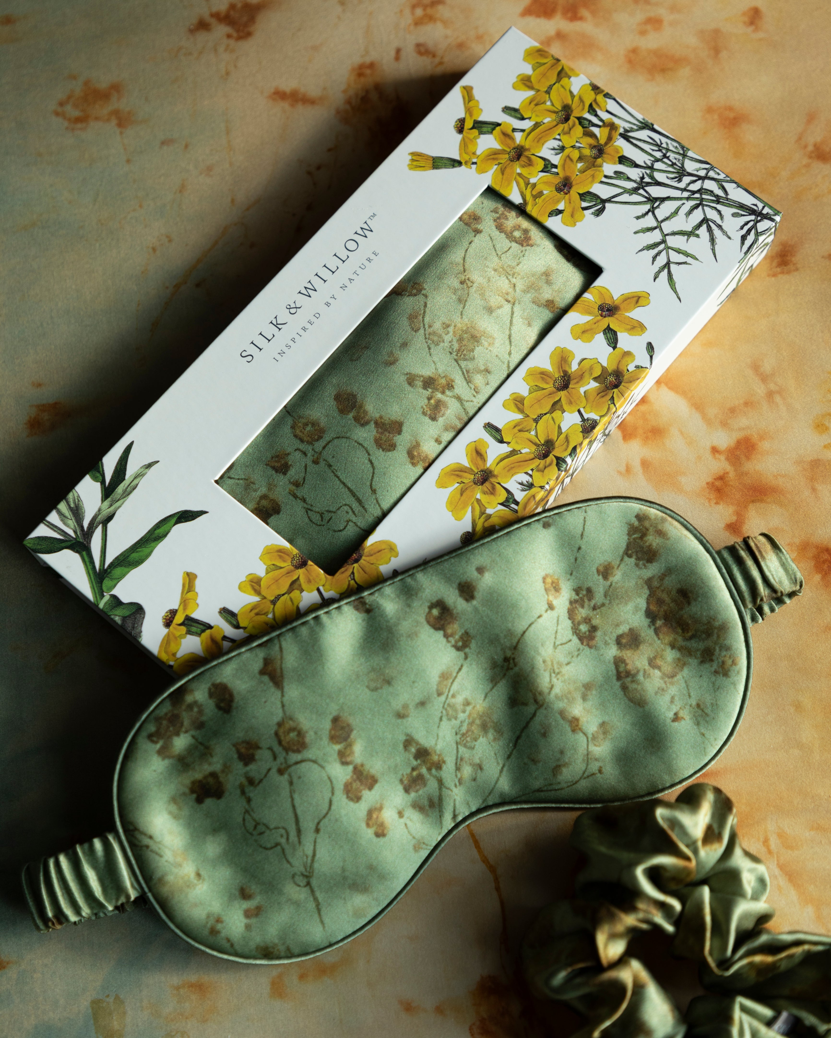 botanical print silk sleep mask in sustainable gift packaging