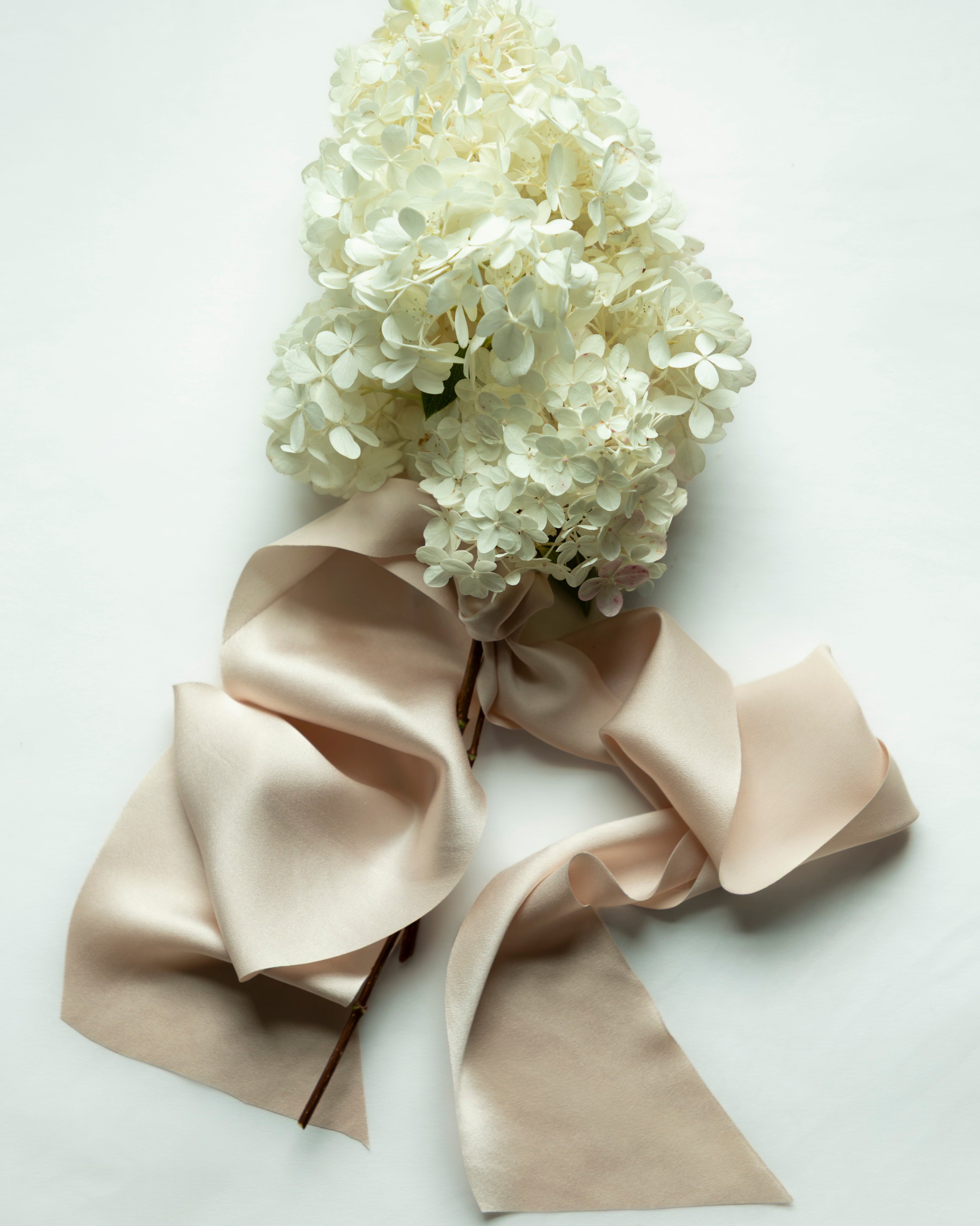 White hydrangea bouquet with a large blush satin ribbon bow, laid flat on a light background.