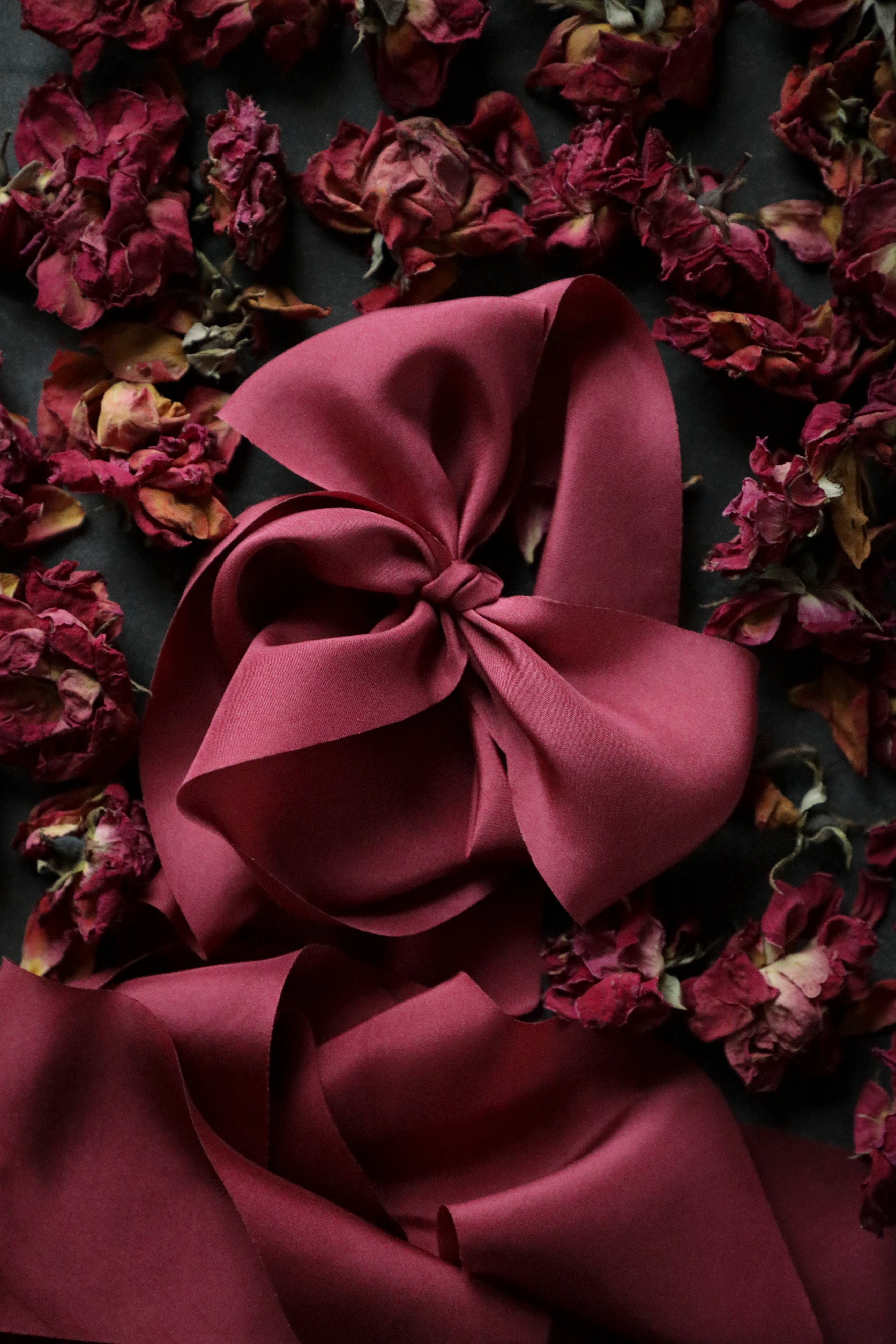 red ribbon bow with dried roses on a dark moody background