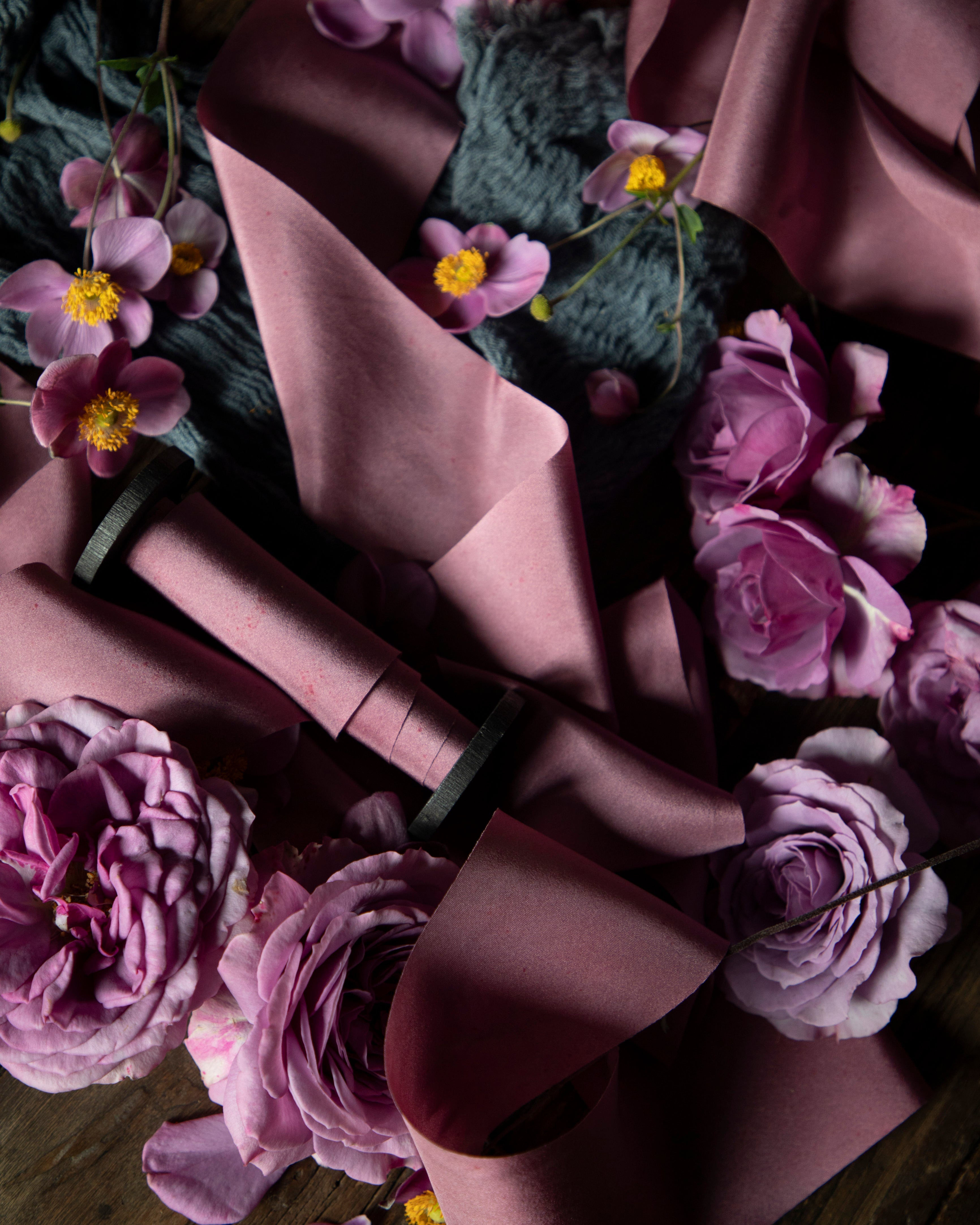 hand dyed silk ribbon a muve silk ribbon with roses and hellebore flowers