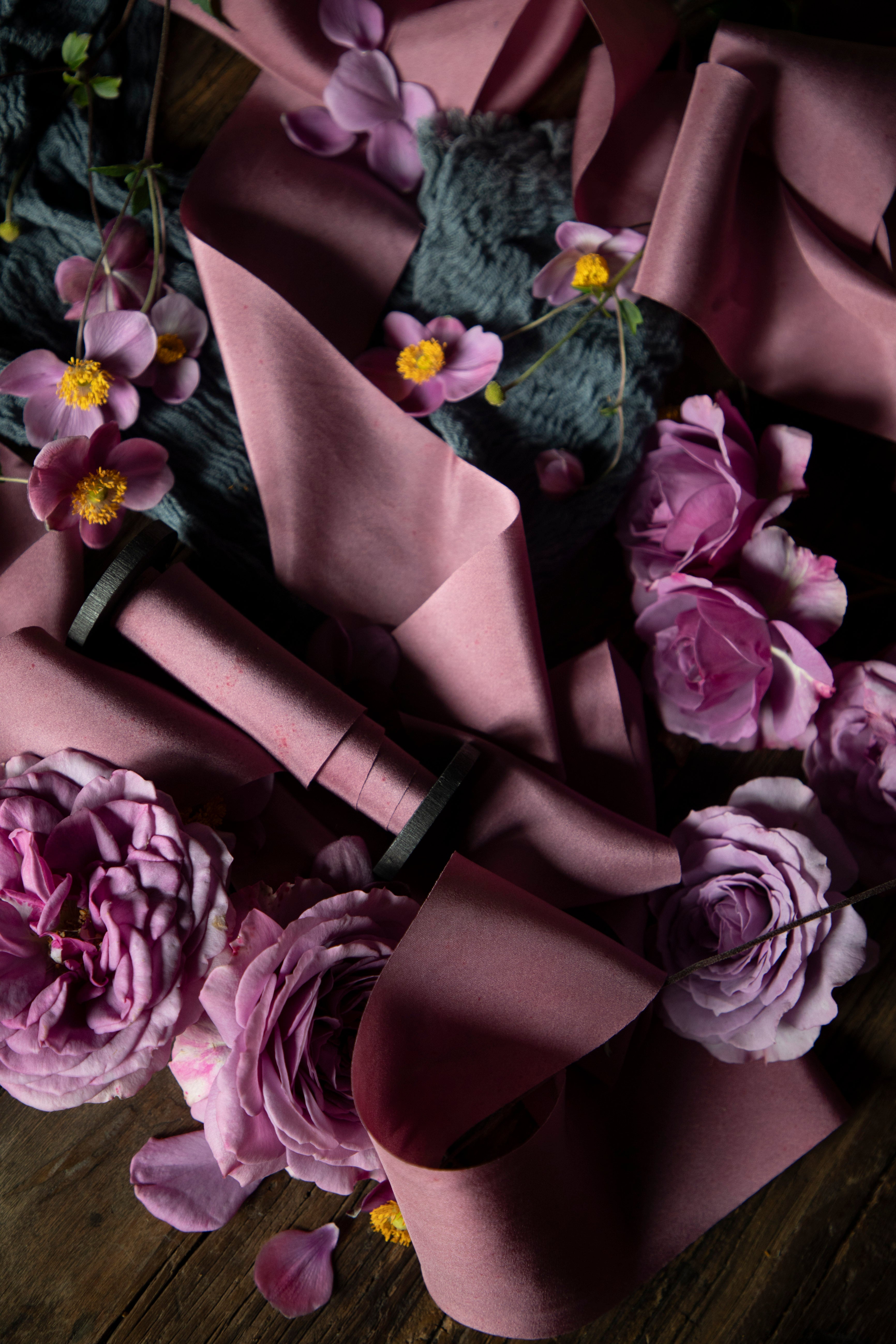 hand dyed silk ribbon a muve silk ribbon with roses and hellebore flowers