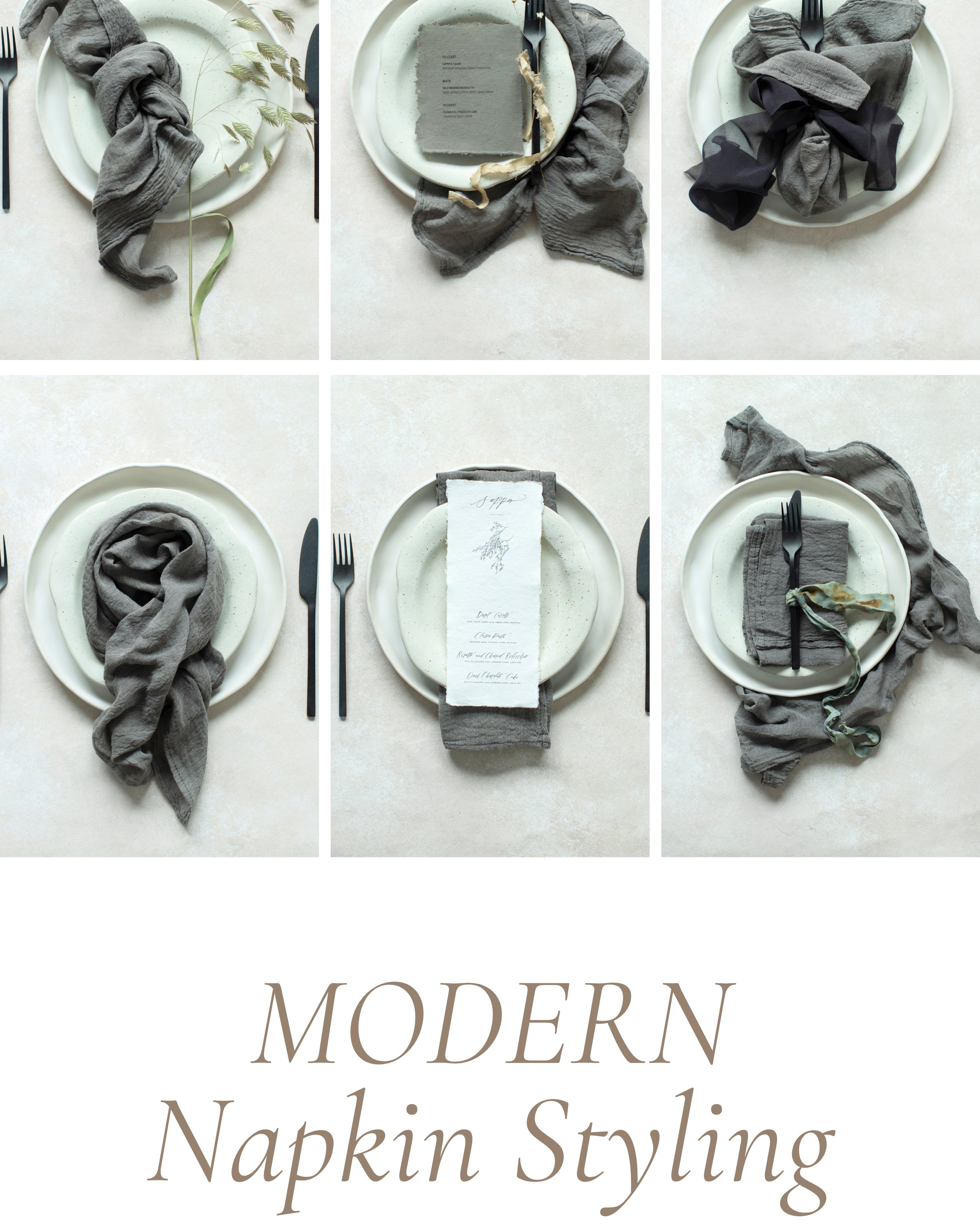 A set of gray napkins displayed in various folds on a dining setting, with the text 'MODERN Napkin Styling' at the bottom.