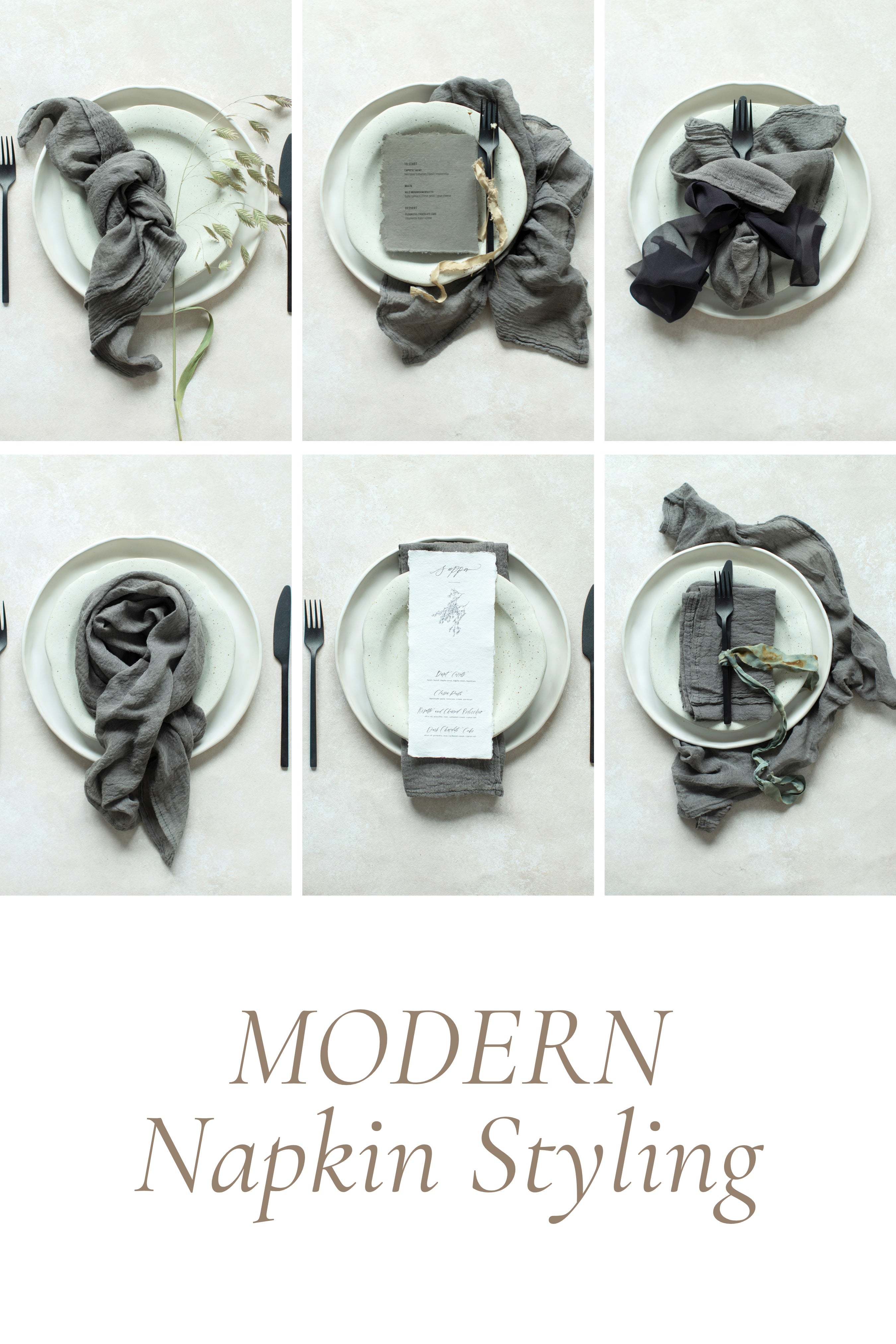 A set of gray napkins displayed in various folds on a dining setting, with the text 'MODERN Napkin Styling' at the bottom.
