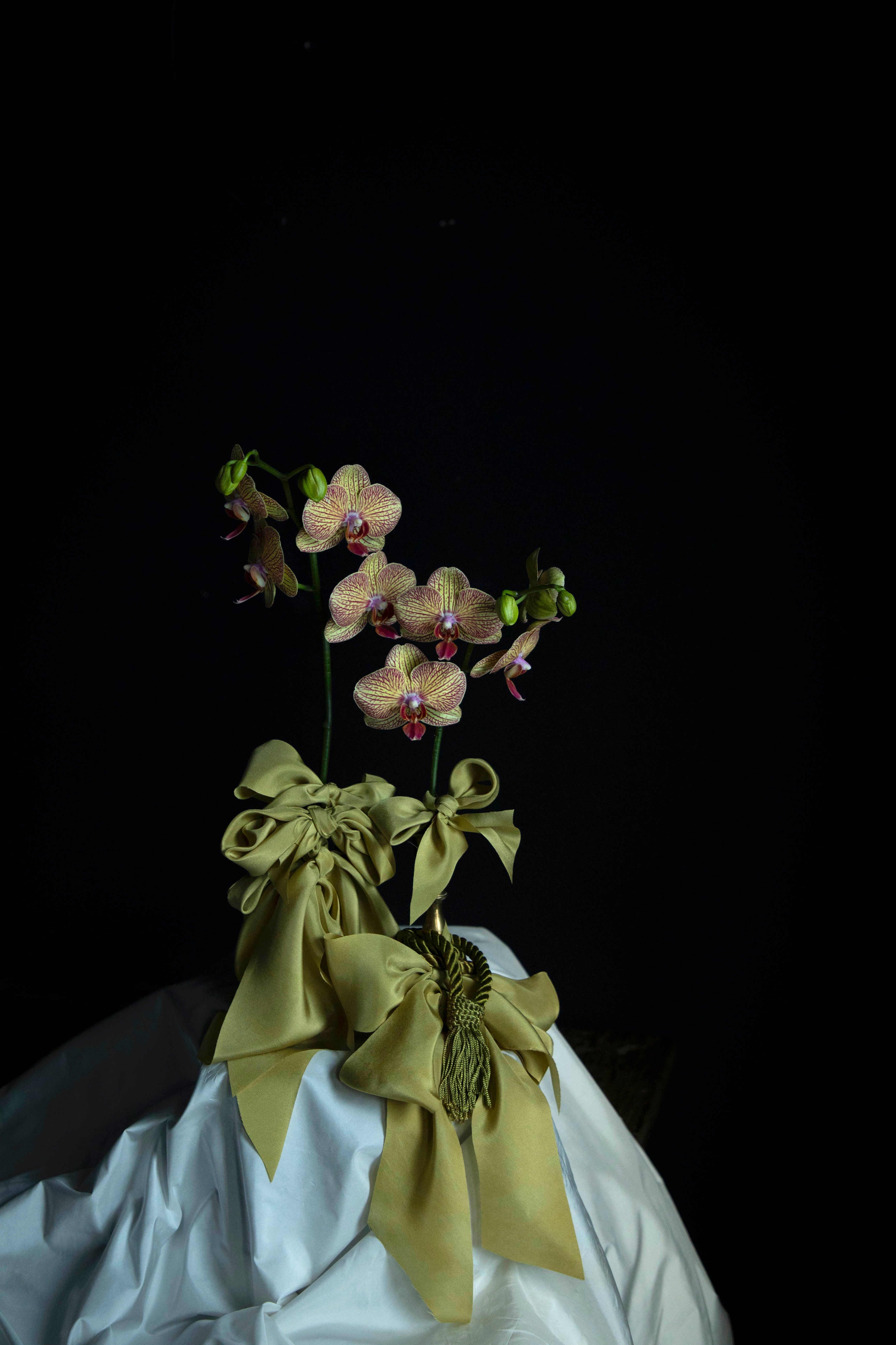 orchid flowers tied with Chartreuse green silk ribbon bows in a wedding centerpiece on white silk taffeta tablescape