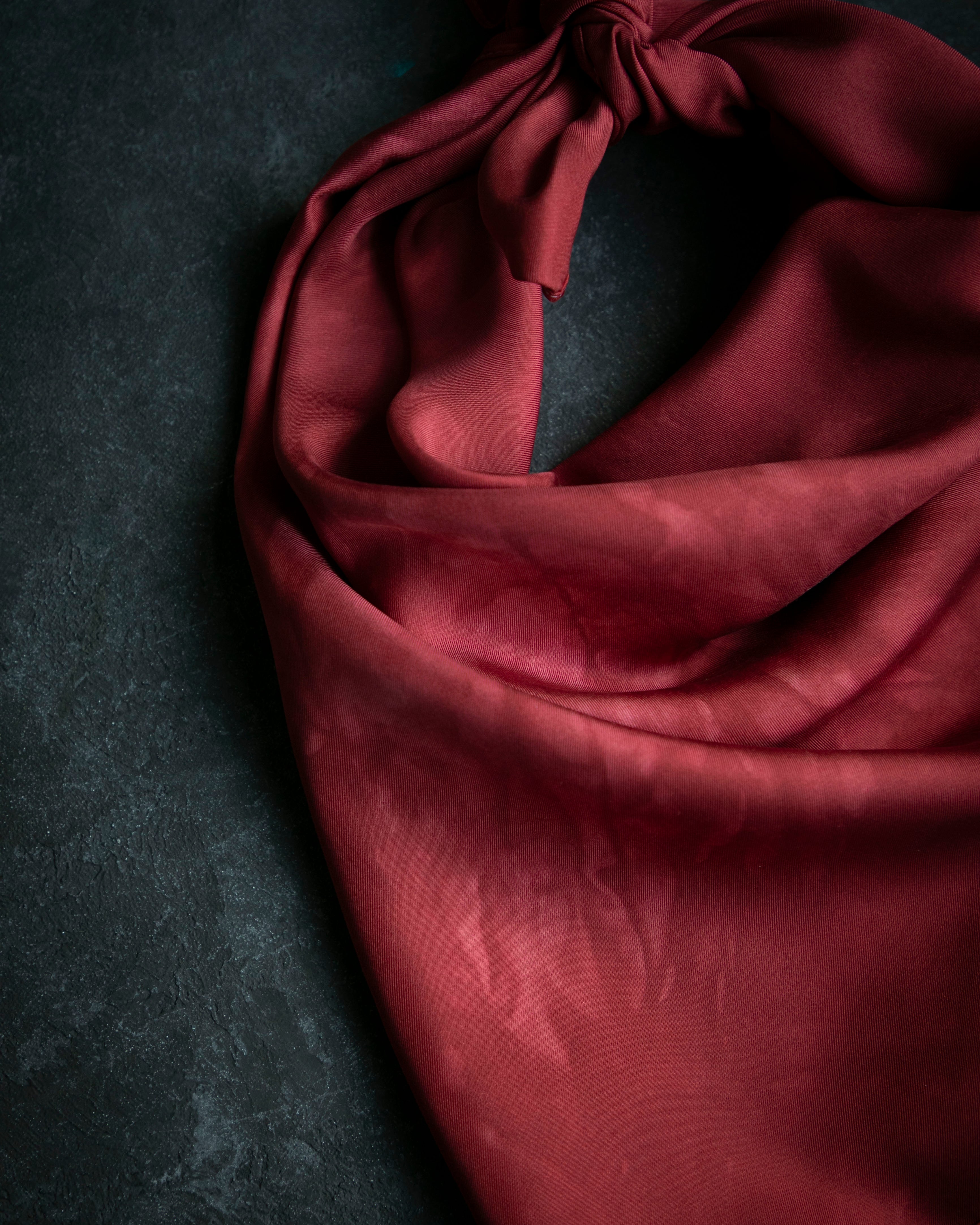 hand dyed botanical dyed silk scarf featuring a deep scarlet red hue for holiday gifting