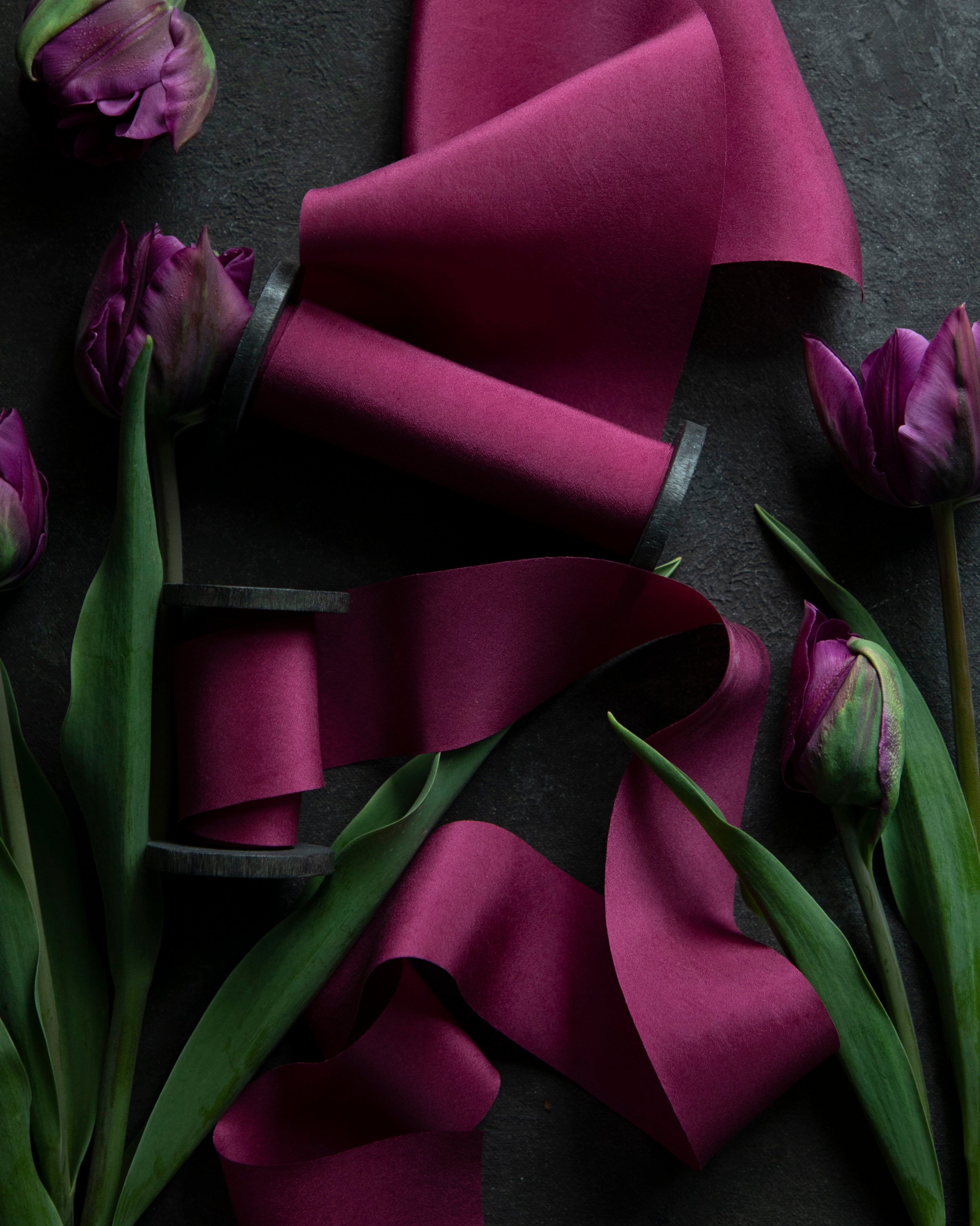 hot pink silk ribbon on a black background with tulip flowers