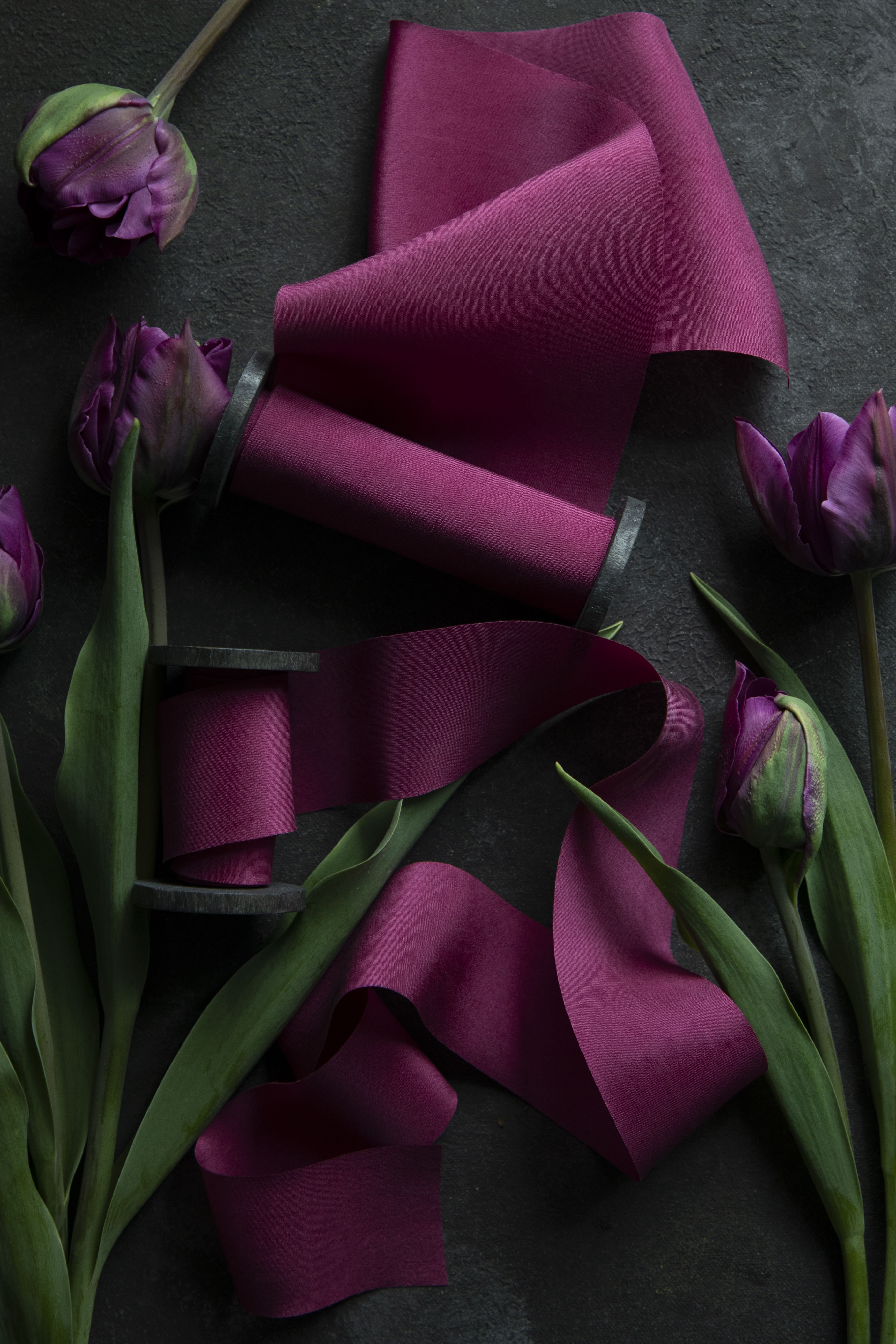 hot pink silk ribbon on a black background with tulip flowers