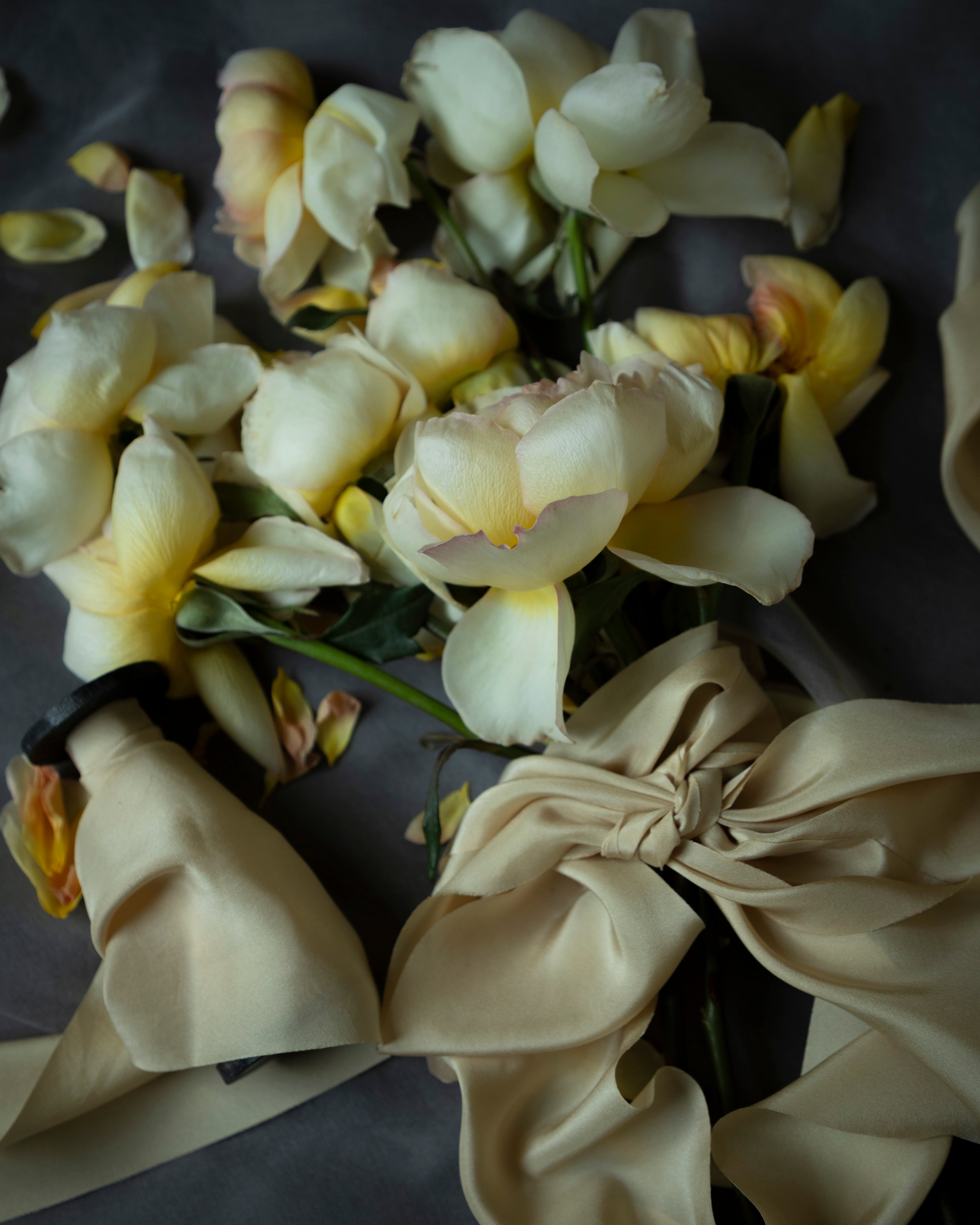 A bouquet of pale cream and yellow flowers tied with a matching cream yellow ribbon, arranged on a dark gray background.