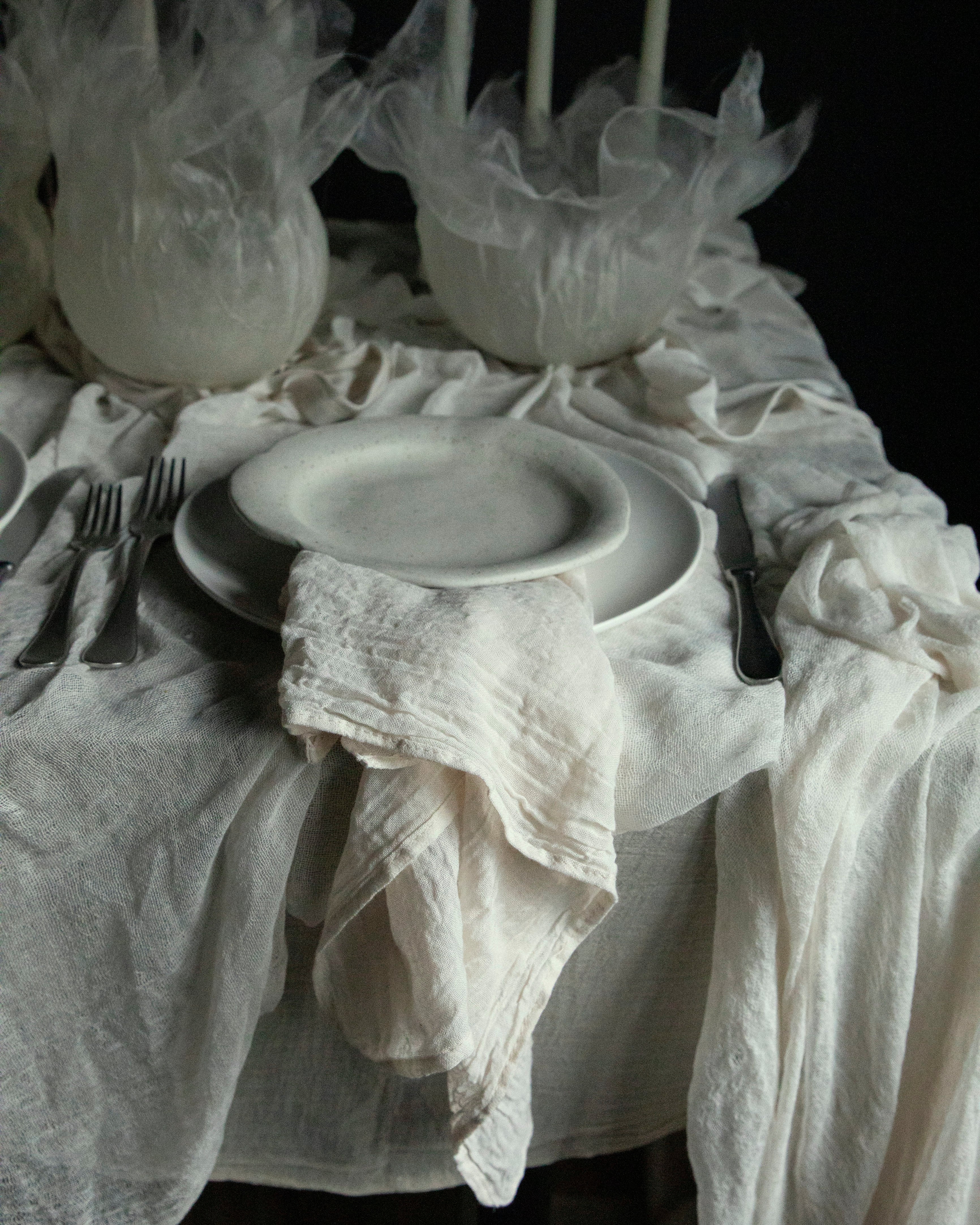 handmade luxury napkins for creating bespoke tablescape designs. sustainable, eco-friendly wedding and event table decor.