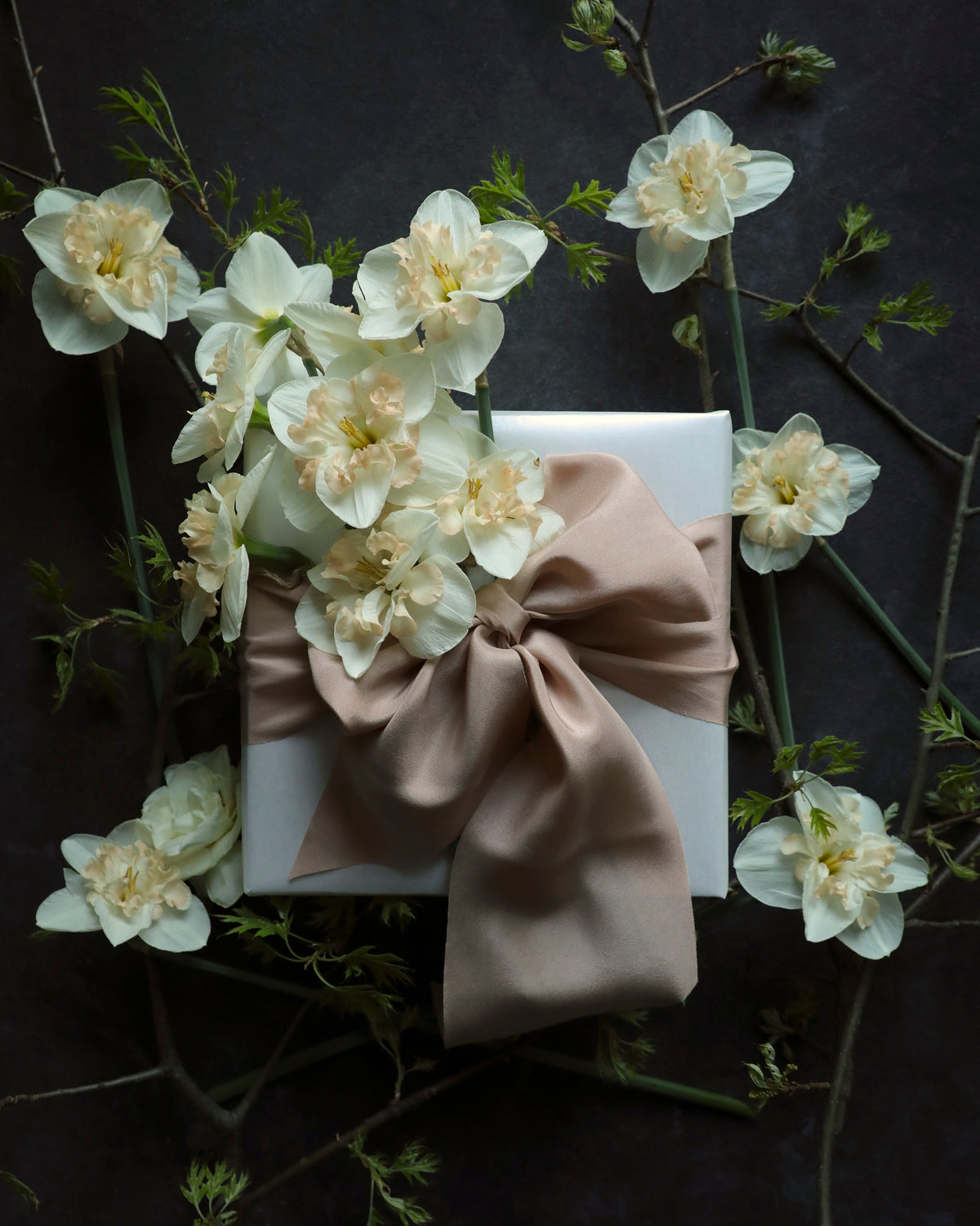 Gift box with a blush ribbon and bow, surrounded by white flowers on a dark background