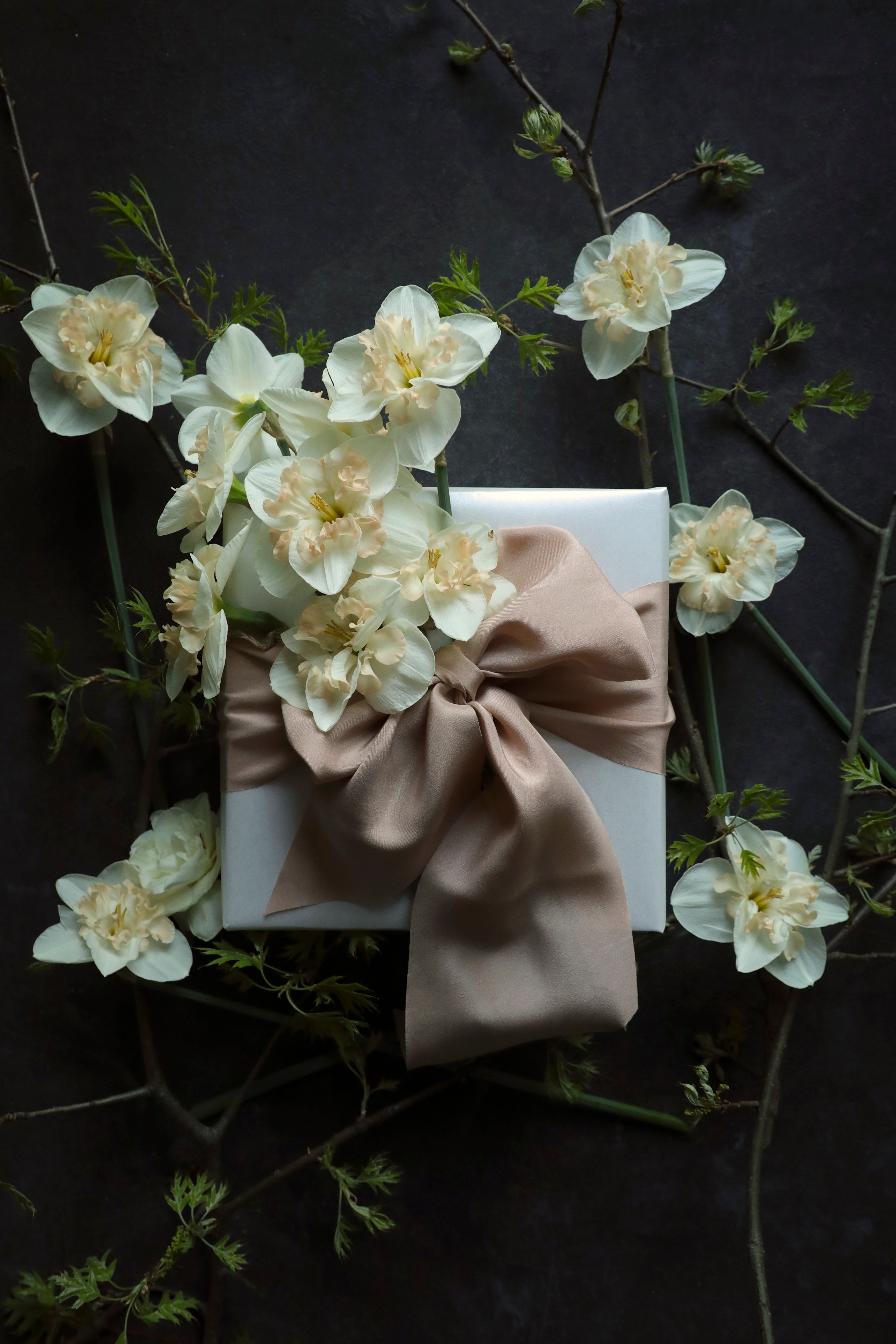 Gift box with a blush ribbon and bow, surrounded by white flowers on a dark background