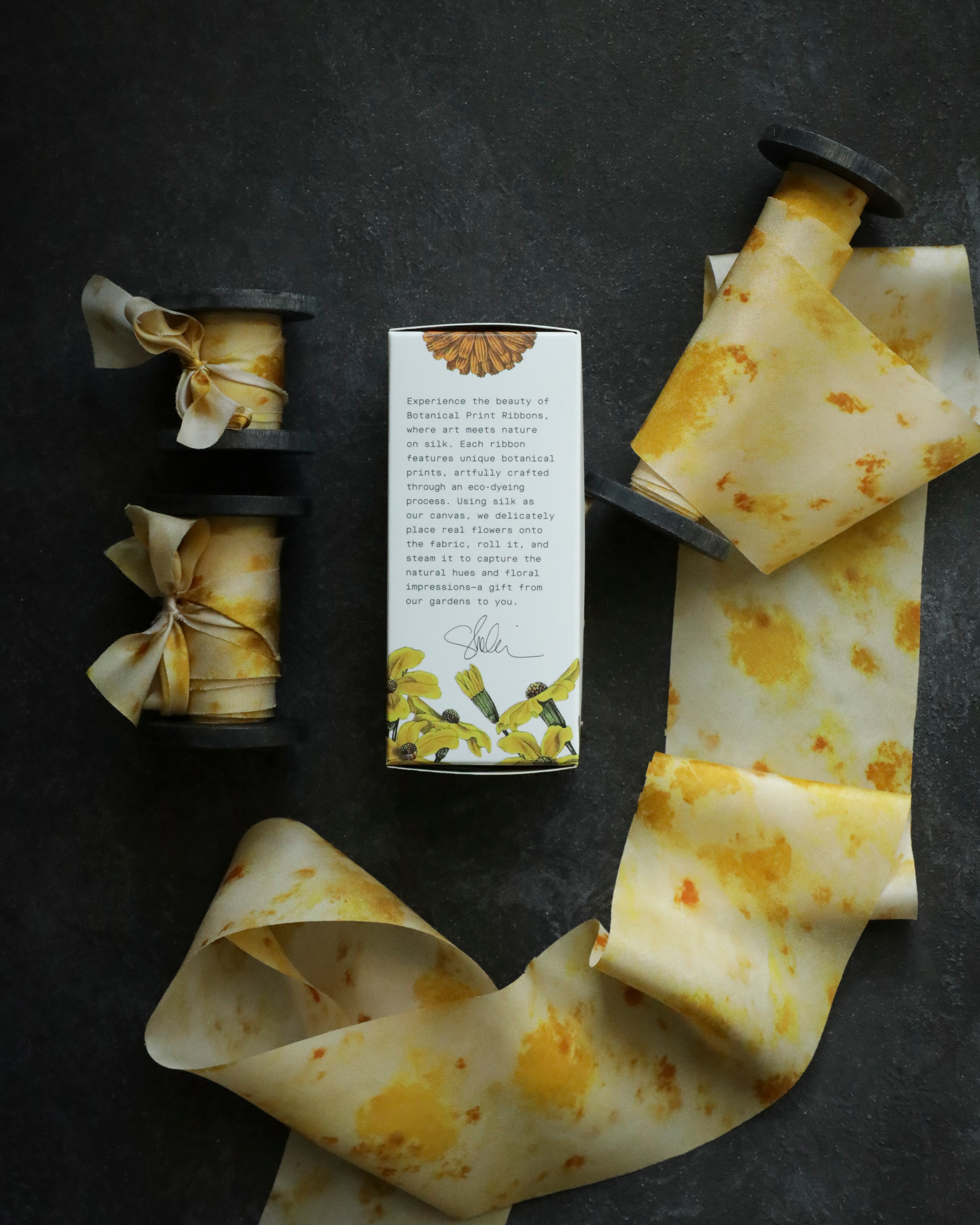 Eco-friendly silk ribbons with nature-inspired patterns, perfect for unique gift wrapping and tying market bouquets, crafted from sustainable materials
