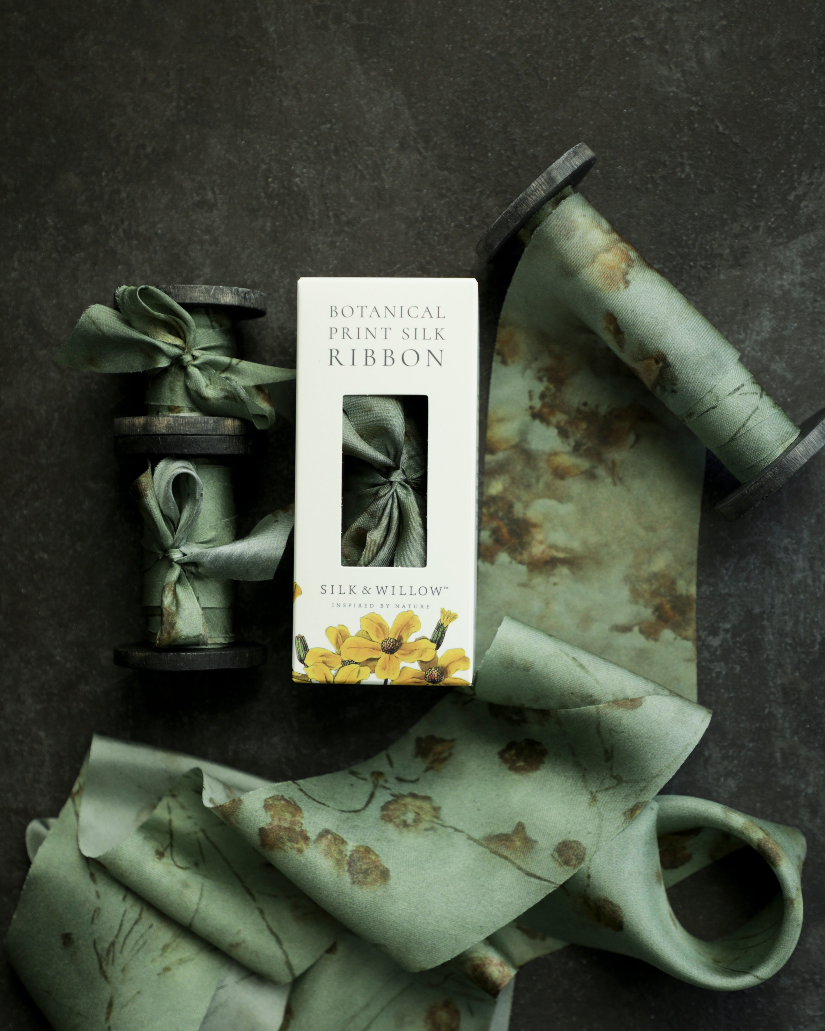 Eco-friendly silk ribbons with nature-inspired patterns, perfect for unique gift wrapping and tying market bouquets, crafted from sustainable materials