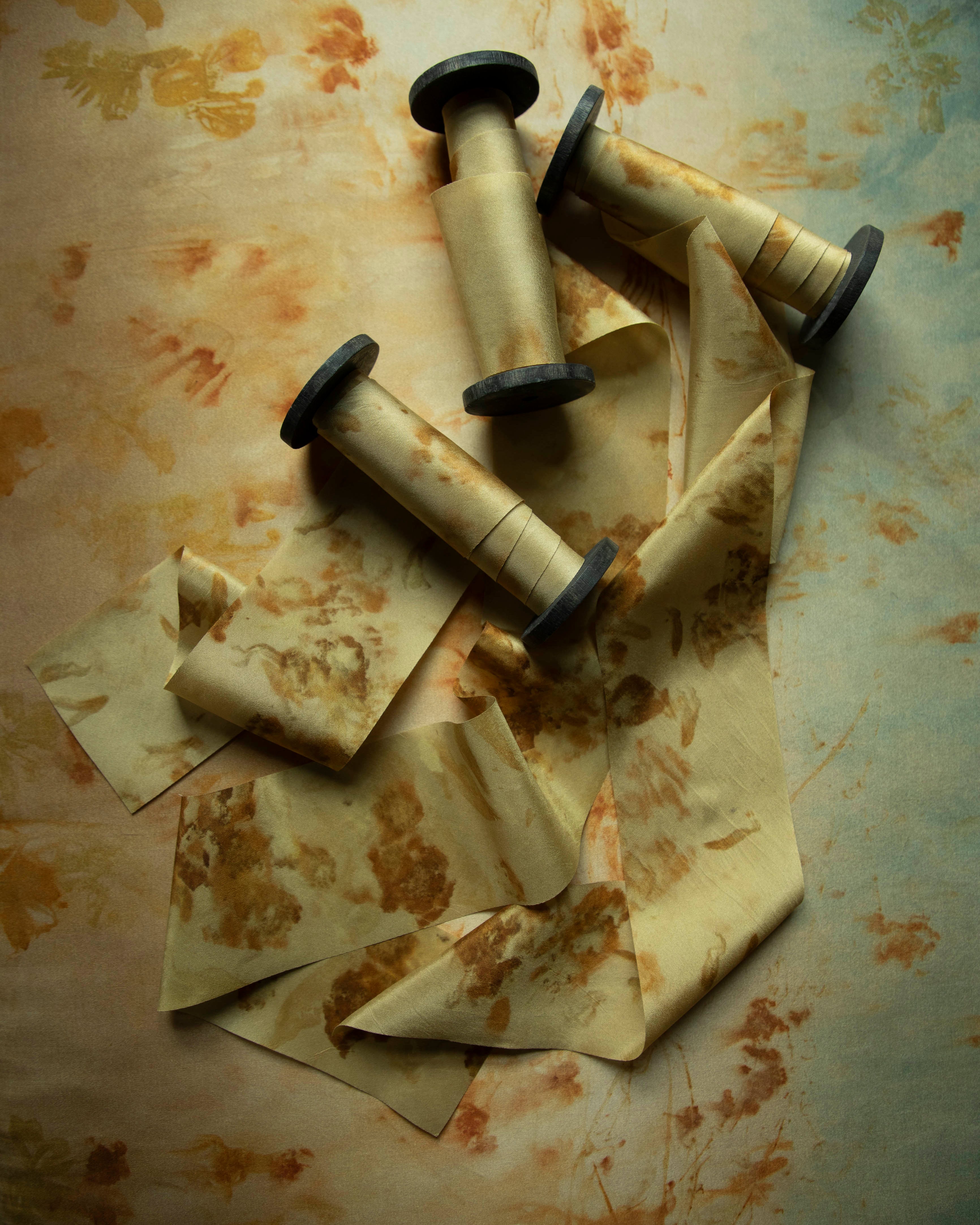 botanical print hand-dyed ribbon in gold and amber hues