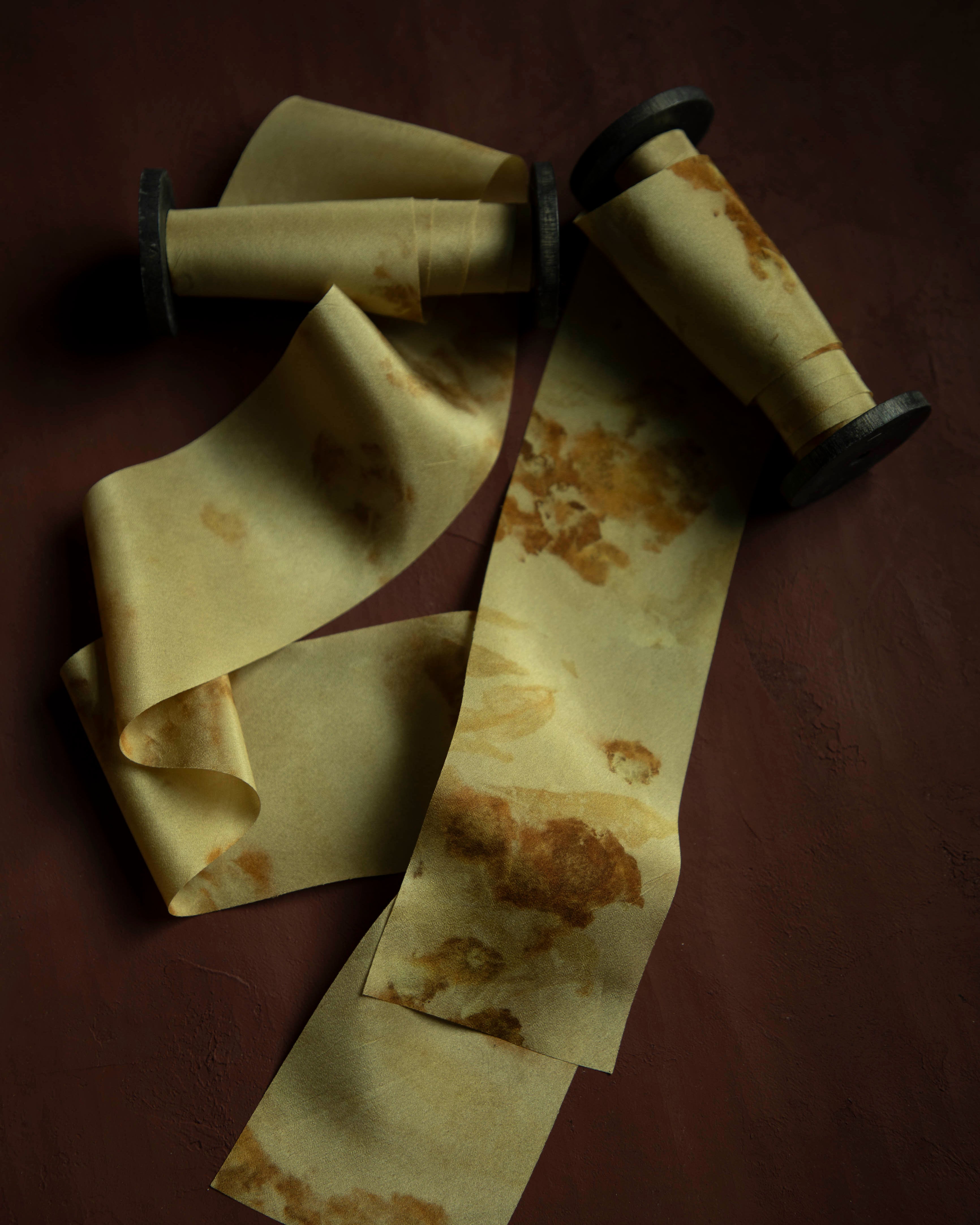 botanical print hand-dyed ribbon in gold and amber hues