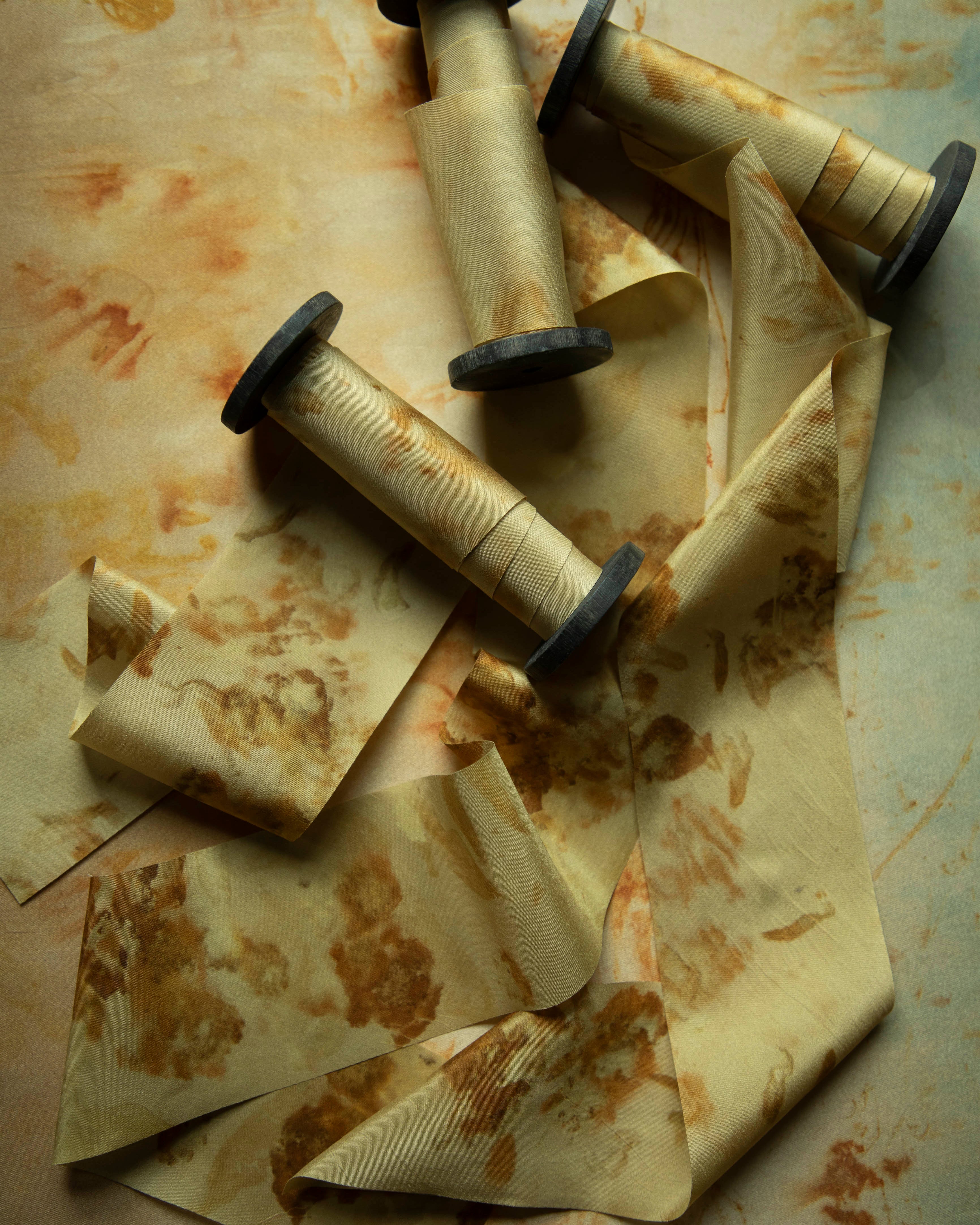 hand dyed botanical silk ribbon in gols and amber hues