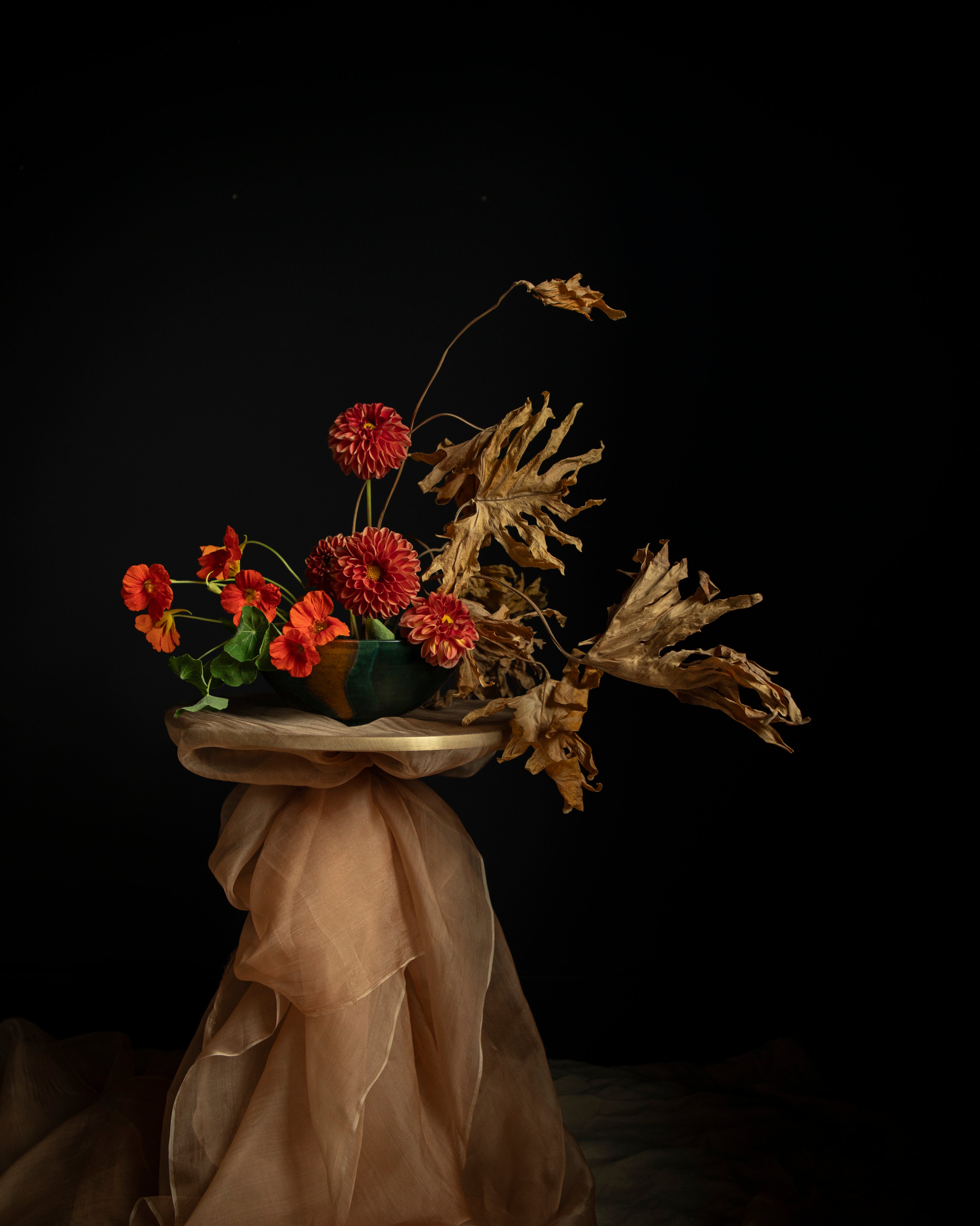 A still life floral arrangement featuring vibrant red and orange flowers alongside dried brown botanical elements, presented on a draped coral silk fabric pedestal against a solid black background.