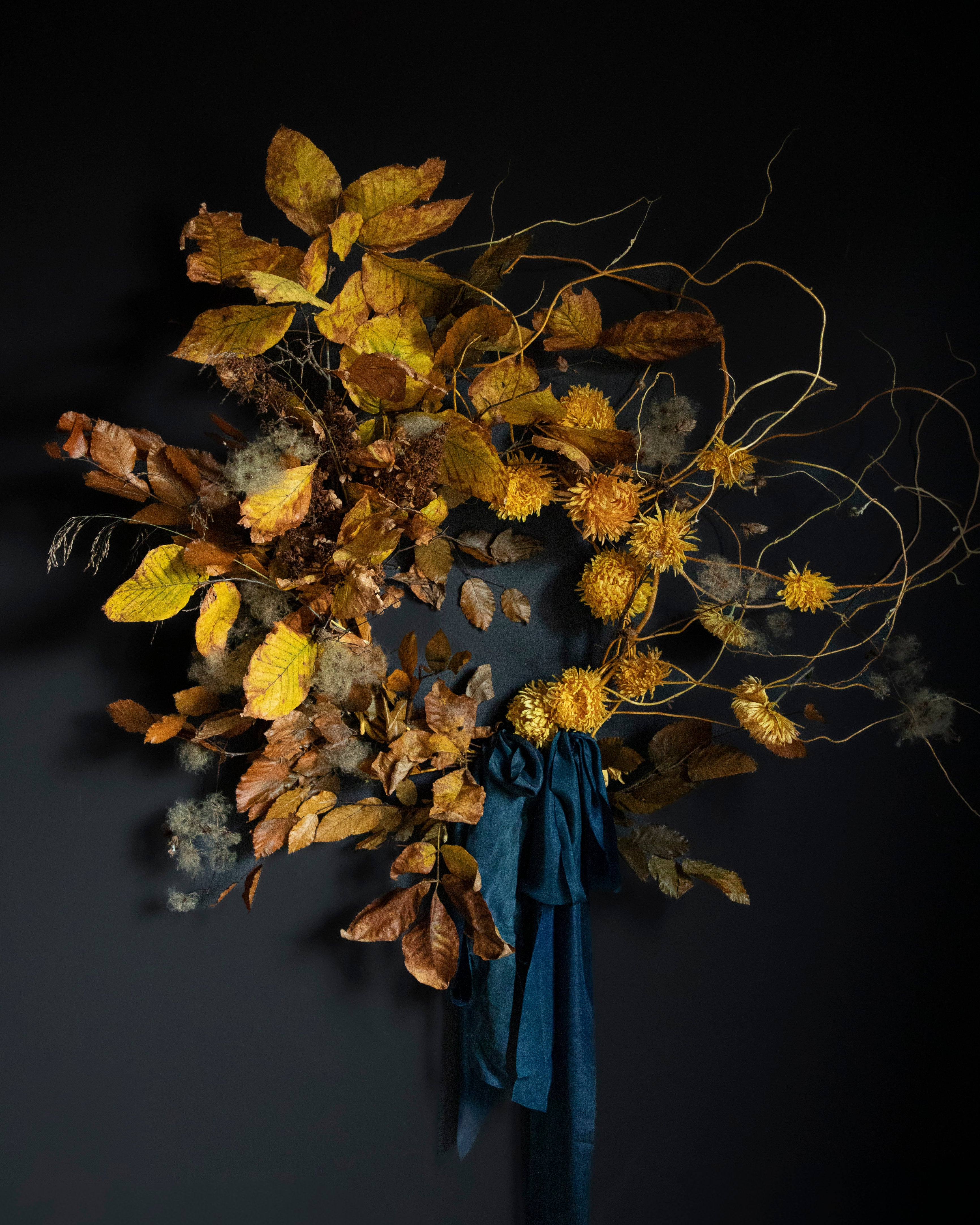 Dried floral arrangement with a blue ribbon on a dark background