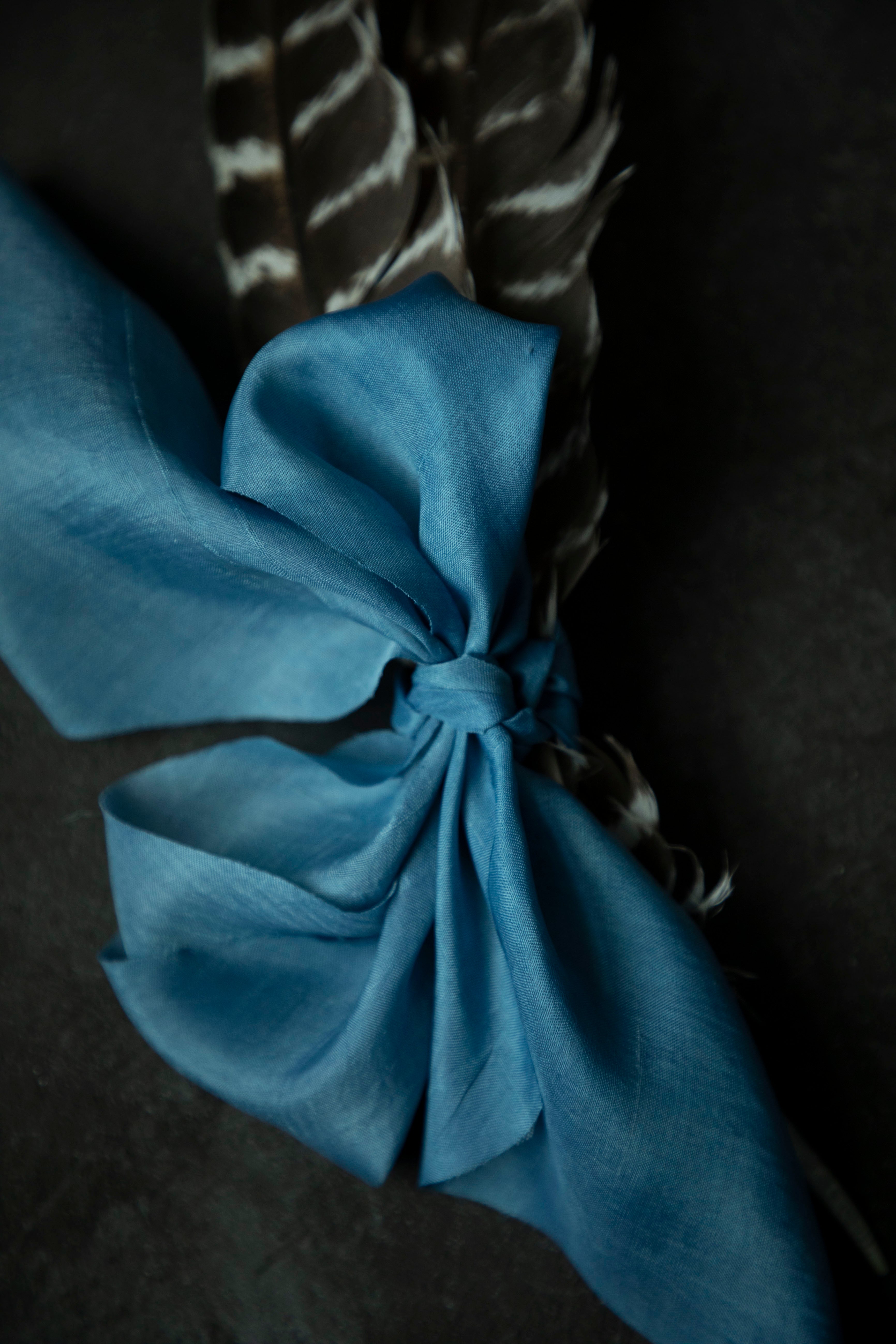 Indigo dyed Blue ribbon bow with feathers on a dark background