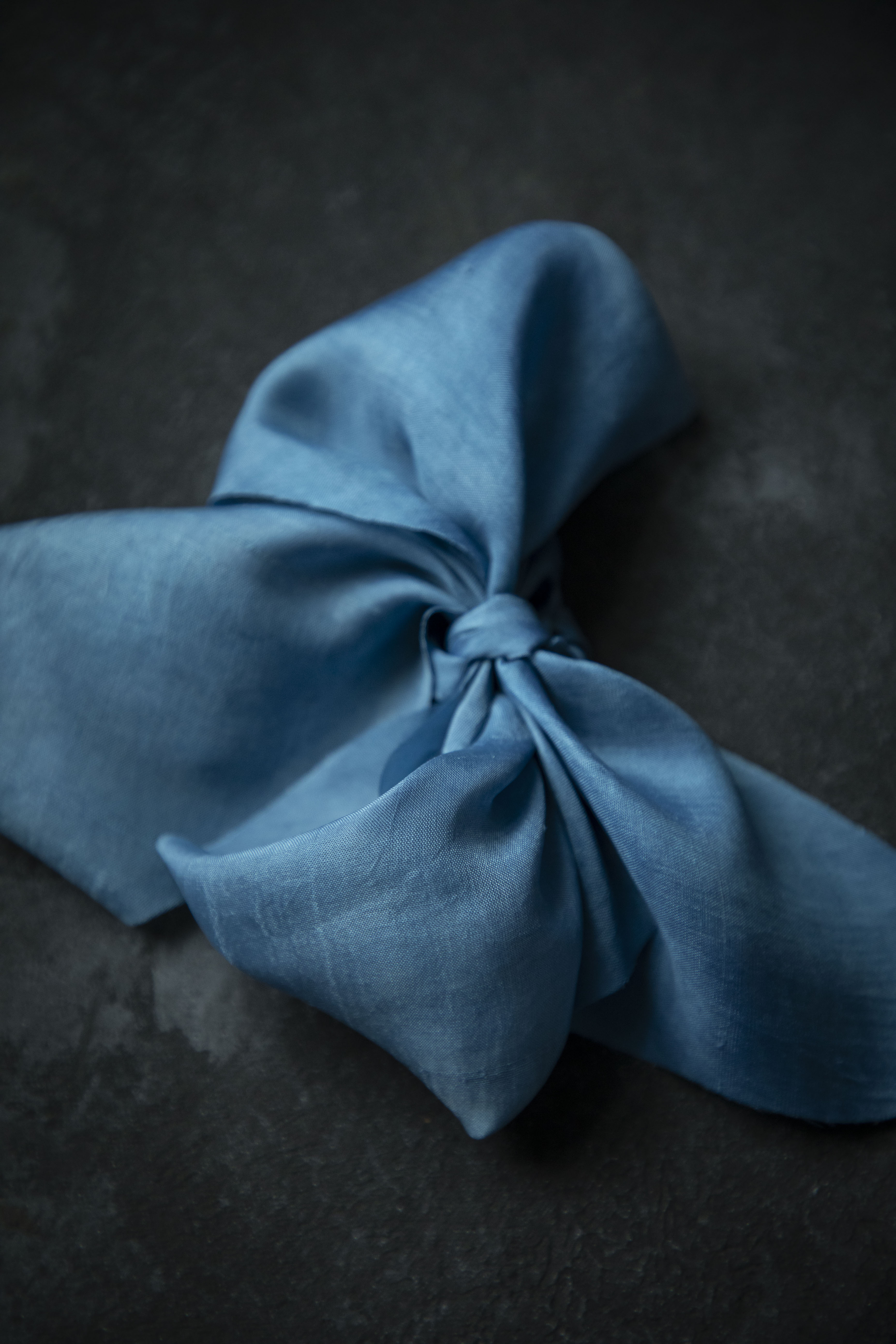 indigo dyed Blue ribbon bow on a dark surface