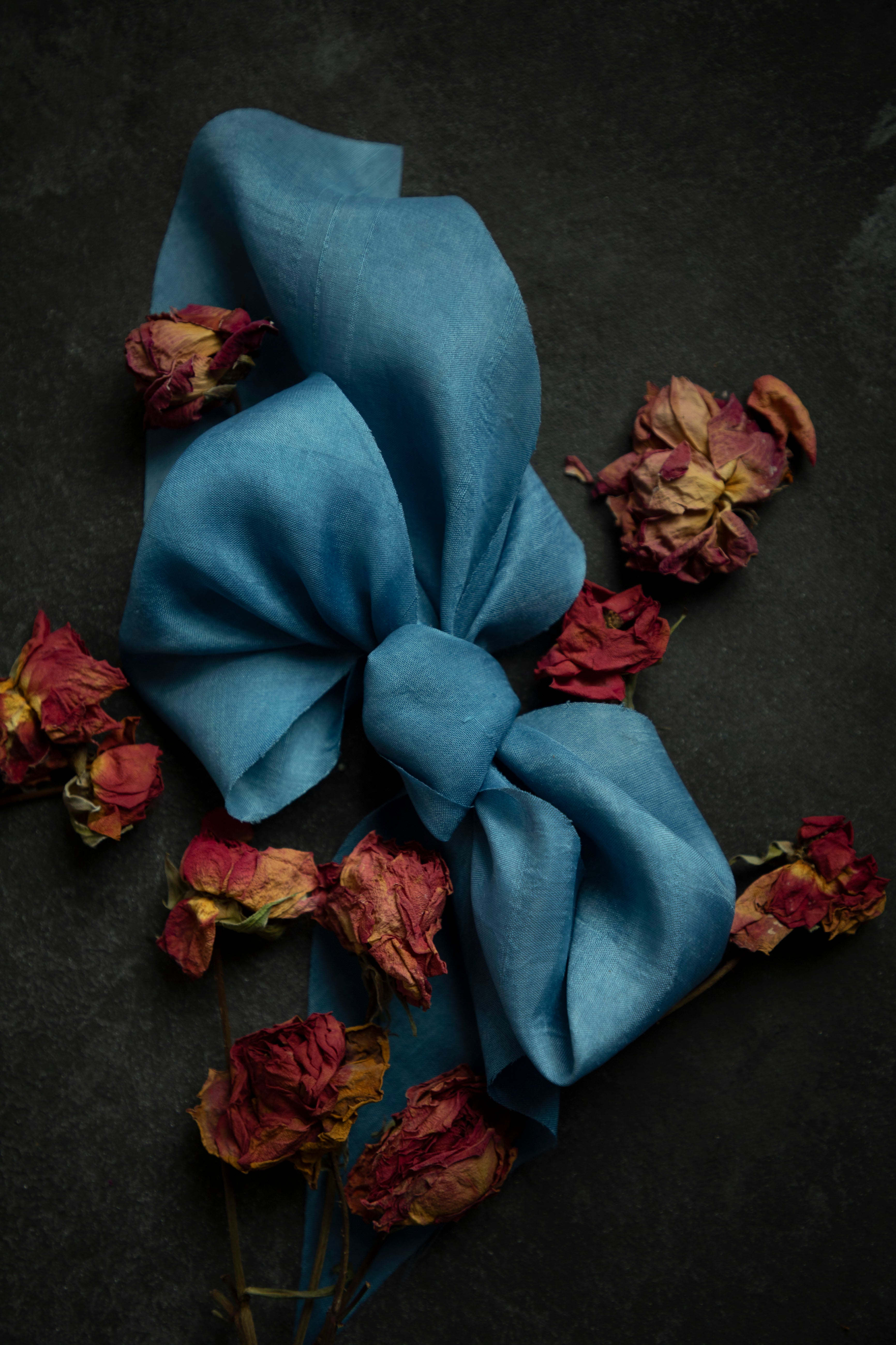 Indigo Blue ribbon bow with dried flowers on a dark surface