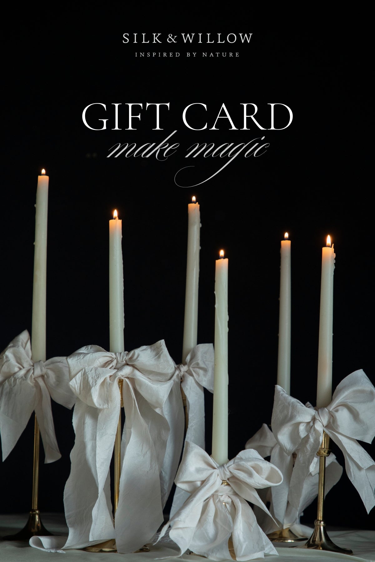 Silk & Willow gift card with candles and bows on a dark background