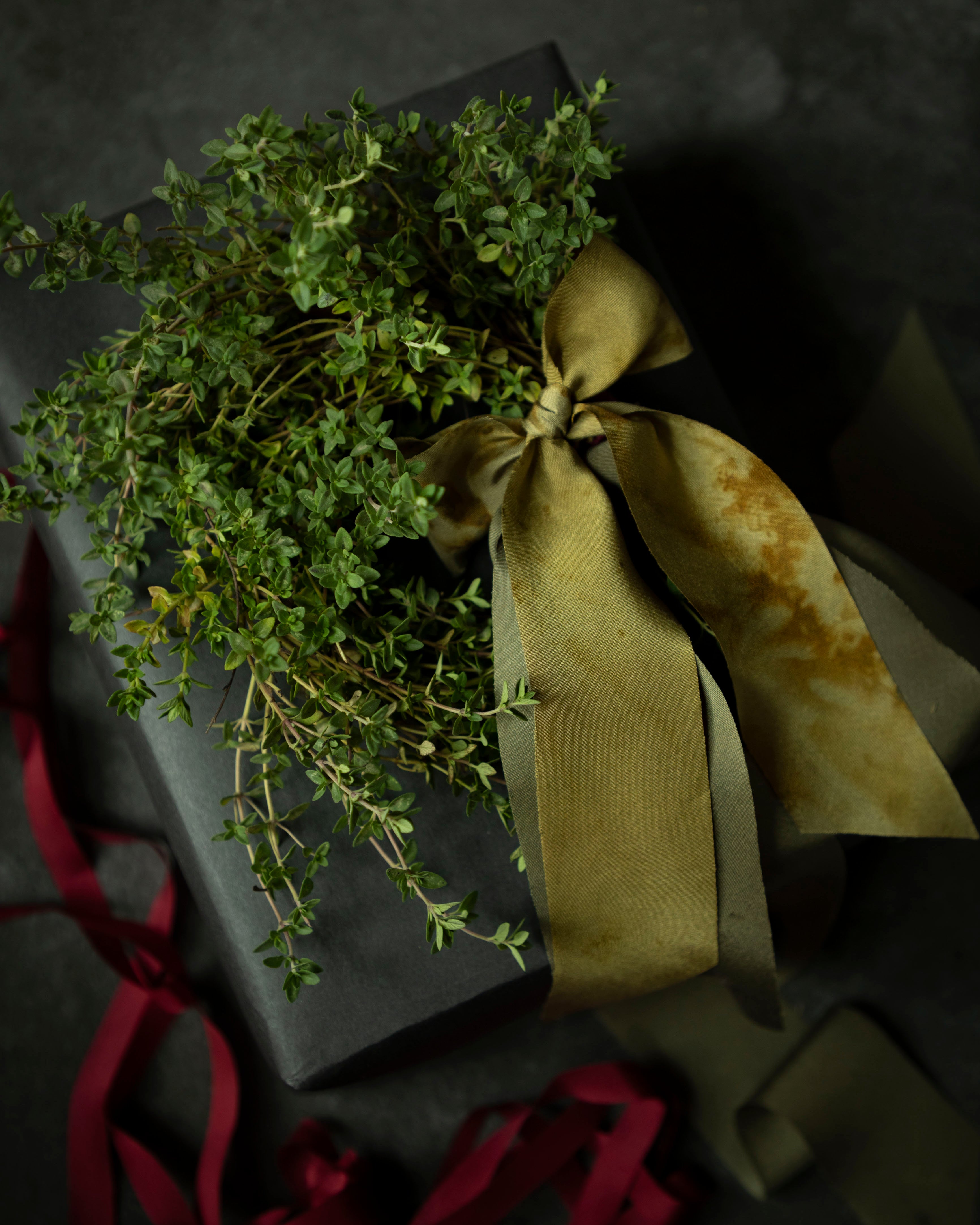 Gift wrapped in black paper with a green bow on a dark background