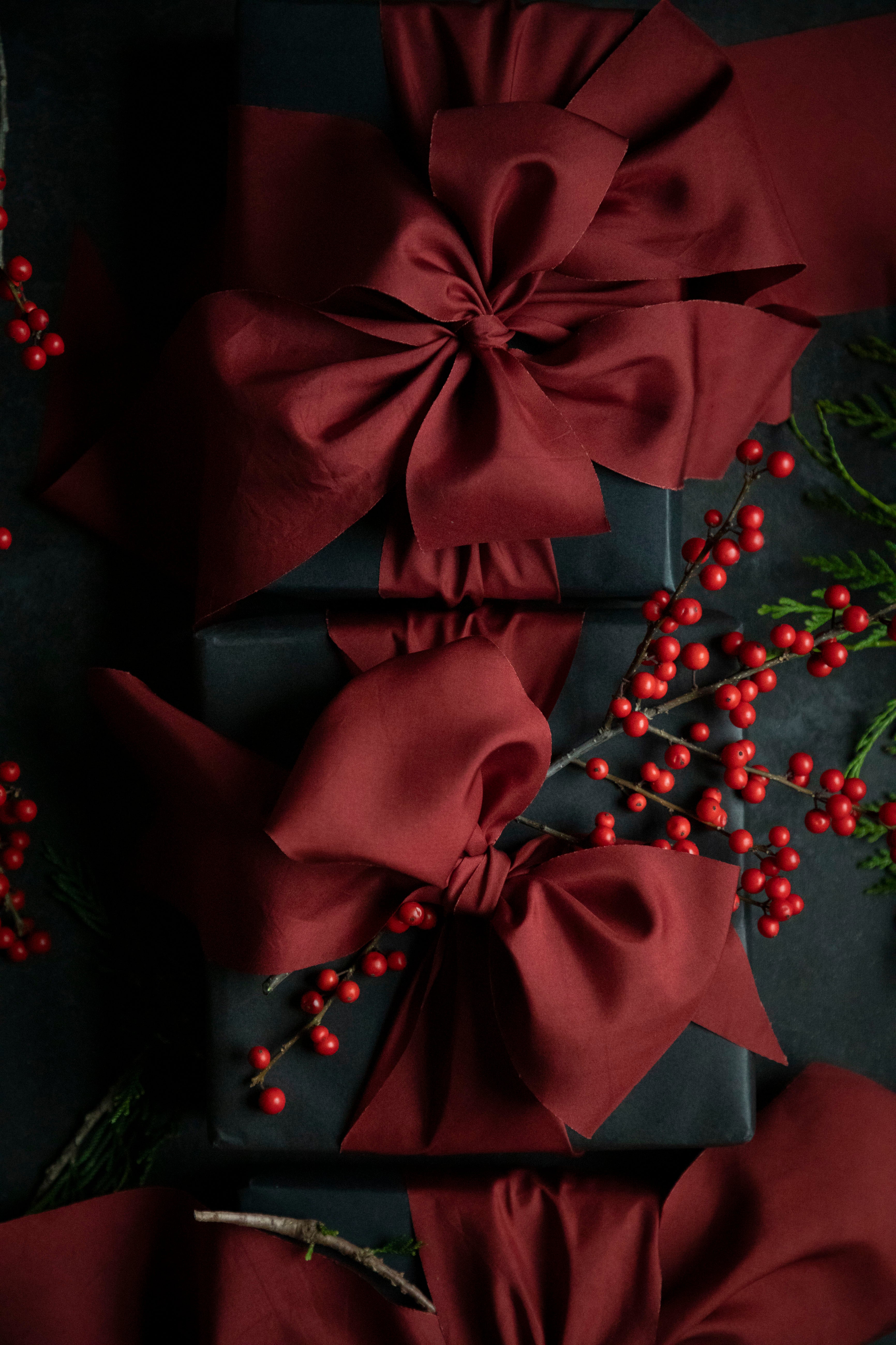 Gift wrapped in dark paper with a large red silk ribbon bow, surrounded by red berries and greenery on a dark background.