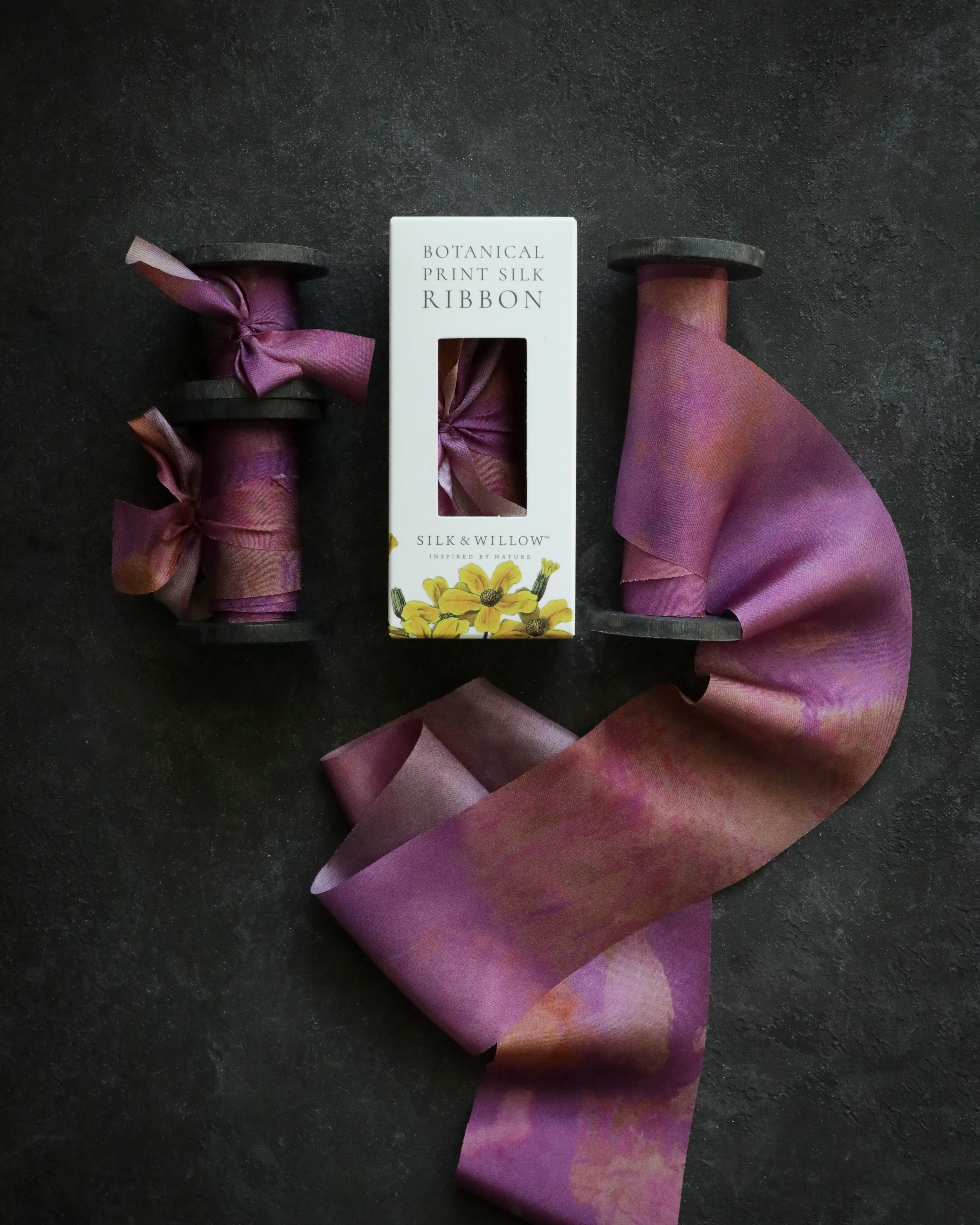 Eco-friendly silk ribbons with nature-inspired patterns, perfect for unique gift wrapping and tying market bouquets, crafted from sustainable materials