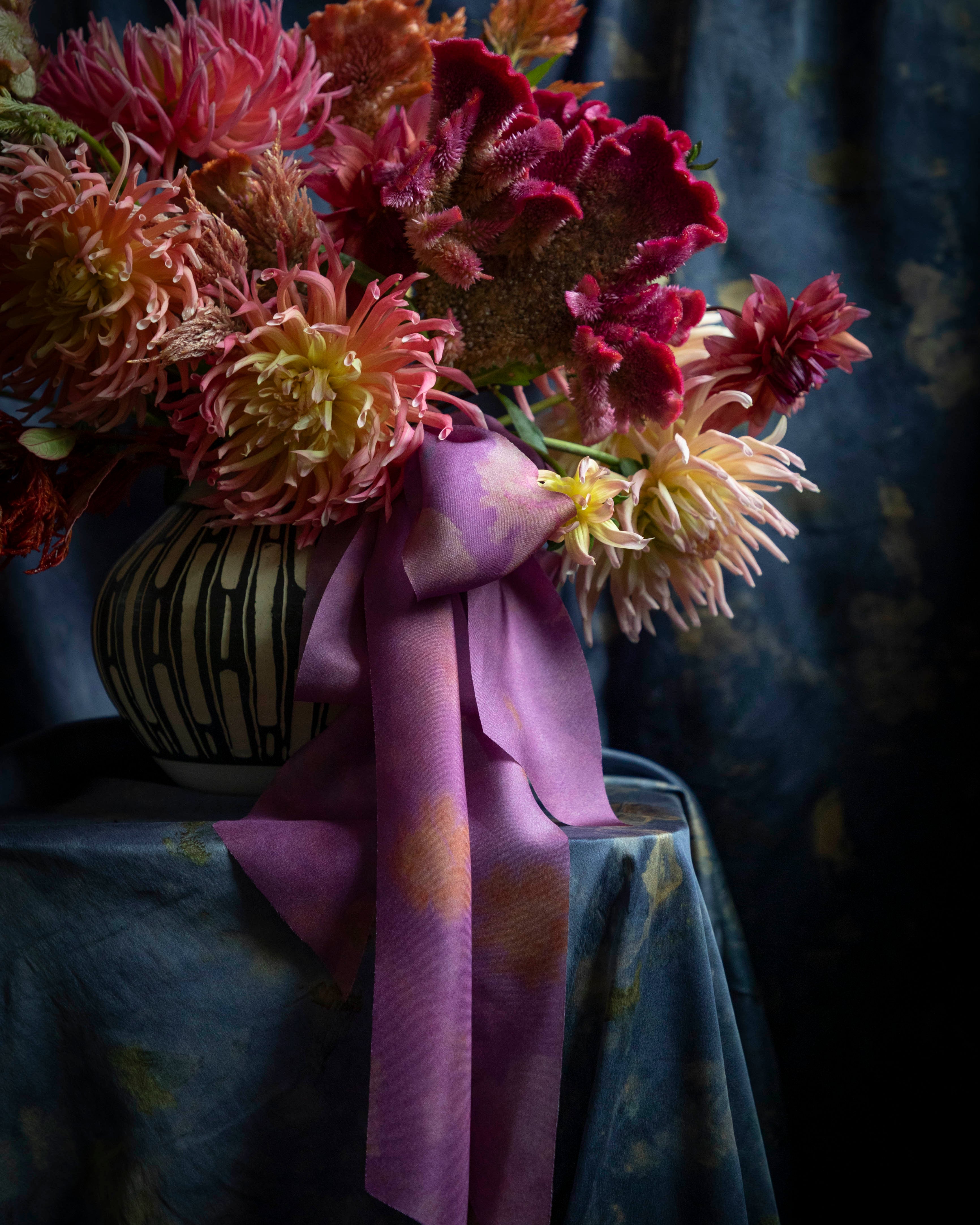 Eco-friendly silk ribbons with nature-inspired patterns, perfect for unique gift wrapping and tying market bouquets, crafted from sustainable materials