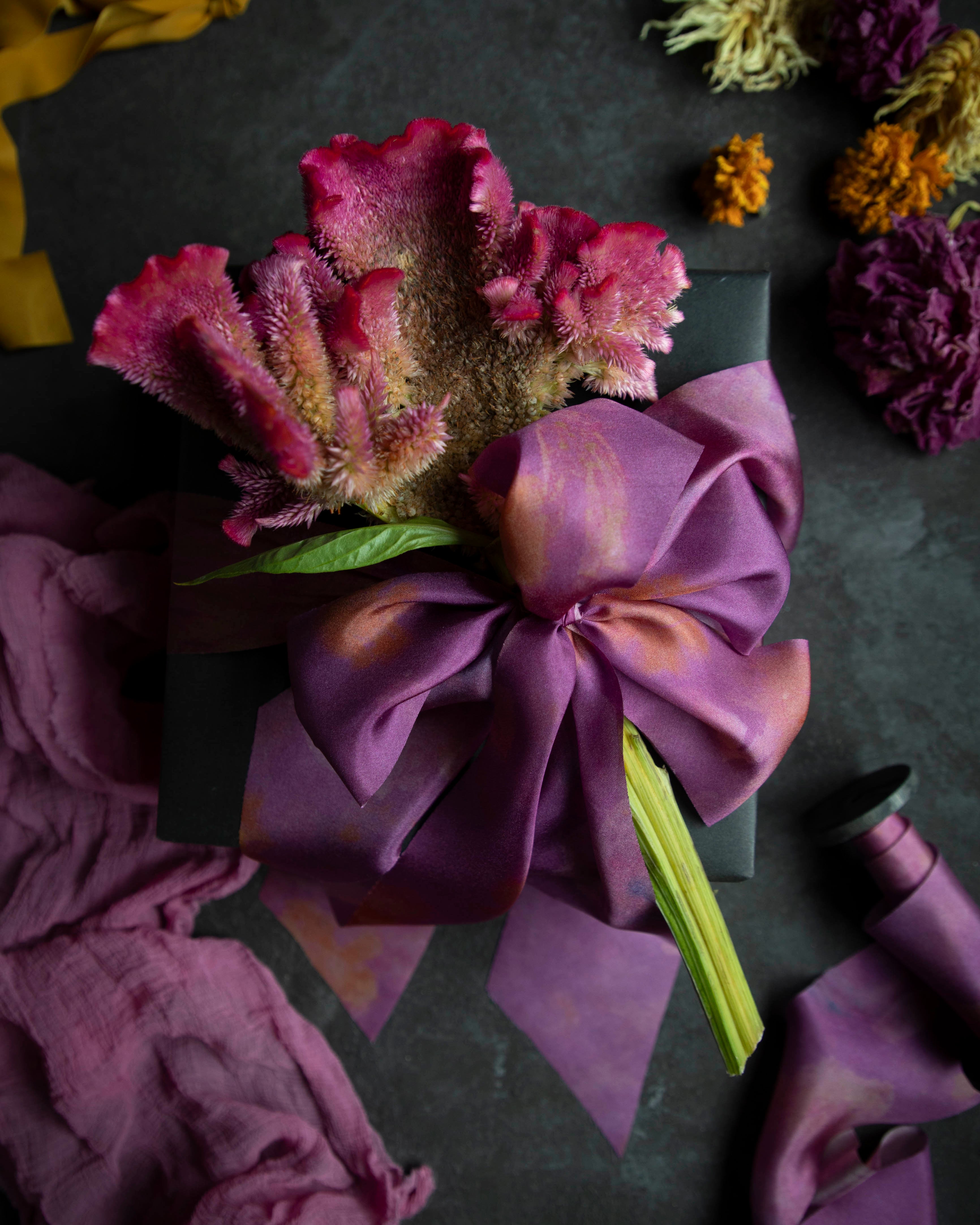 gift wrapping inspiration Eco-friendly silk ribbons with nature-inspired patterns, perfect for unique gift wrapping and tying market bouquets, crafted from sustainable materials