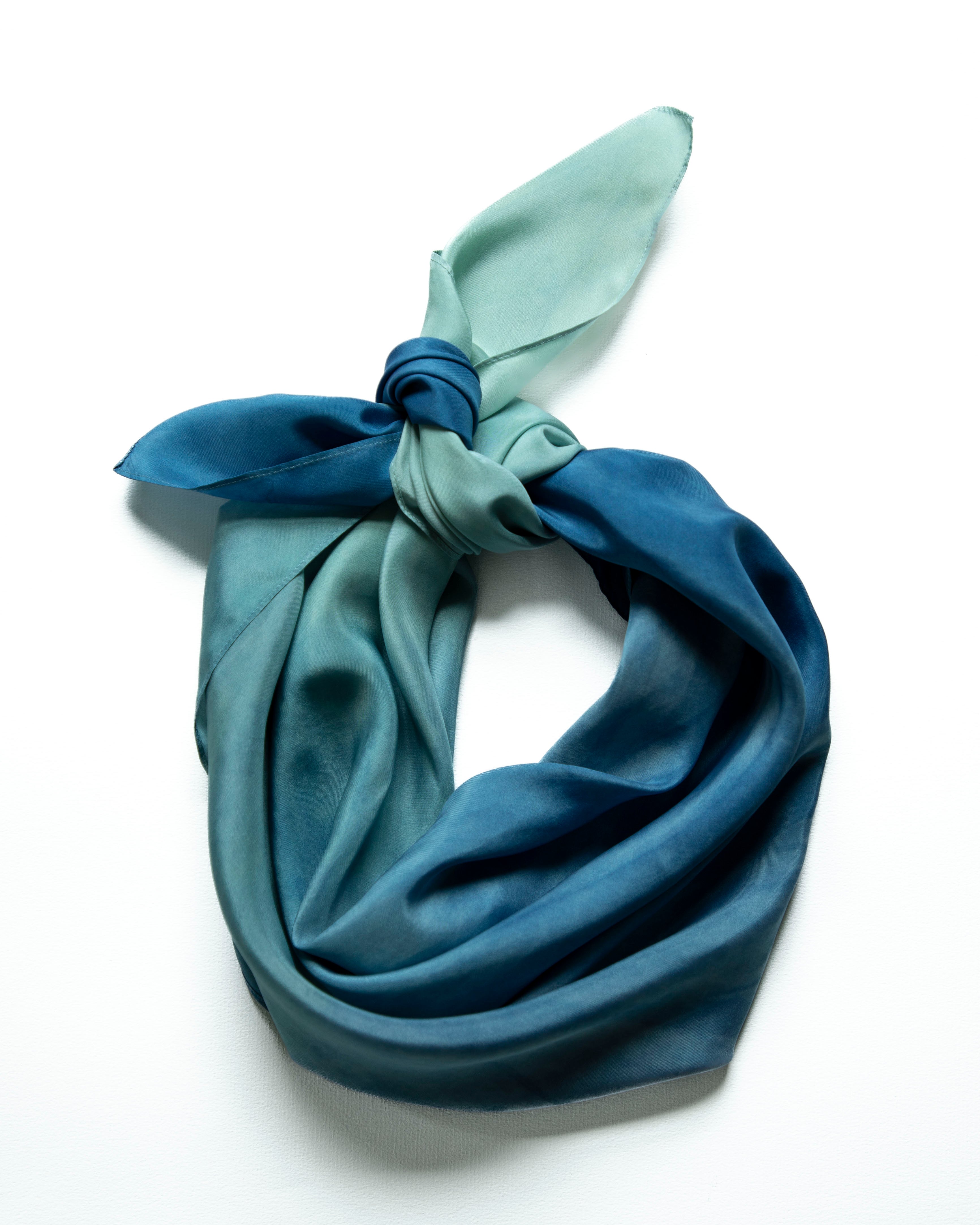 indigo dyed silk scarf tied