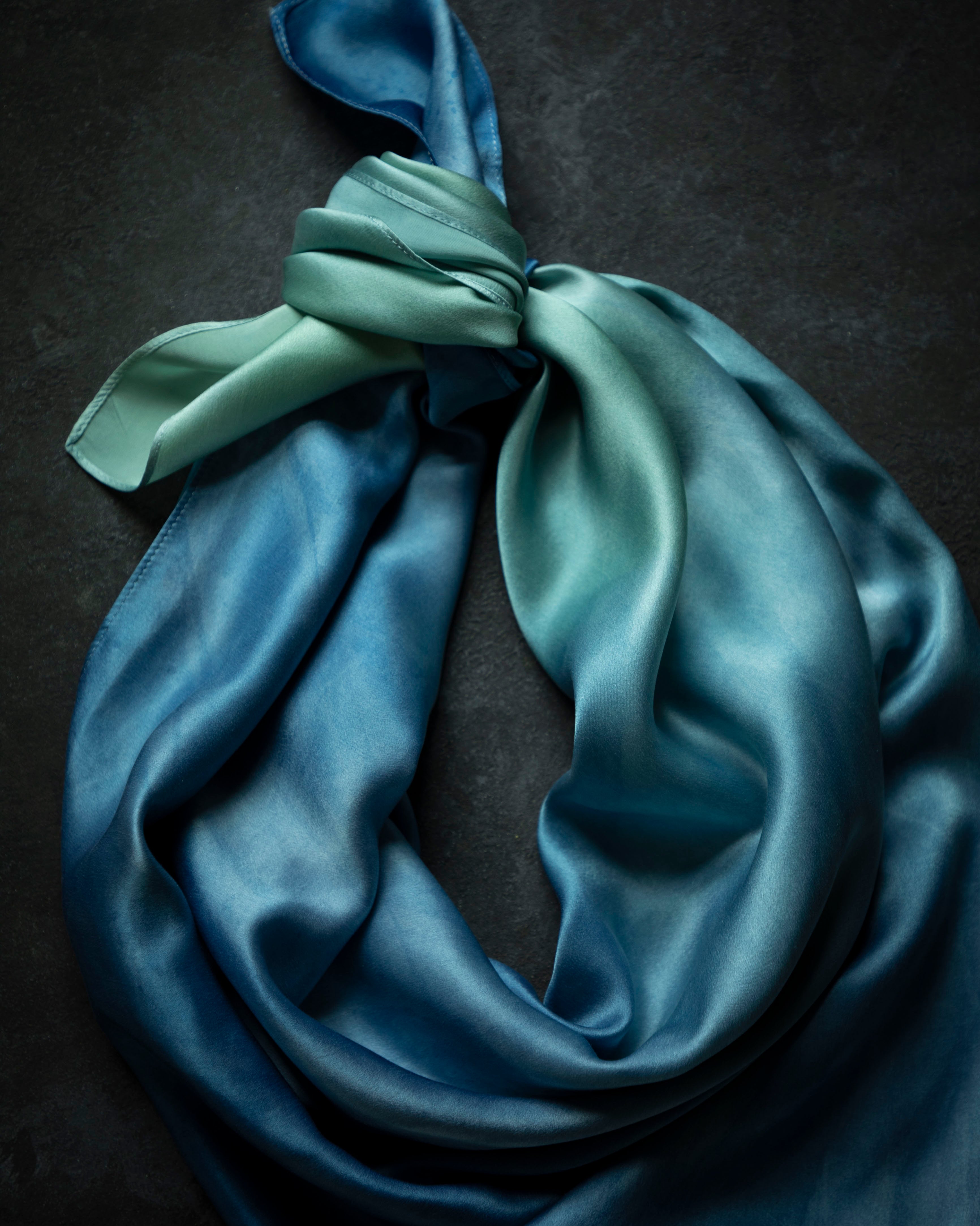 indigo dyed silk satin scarf
