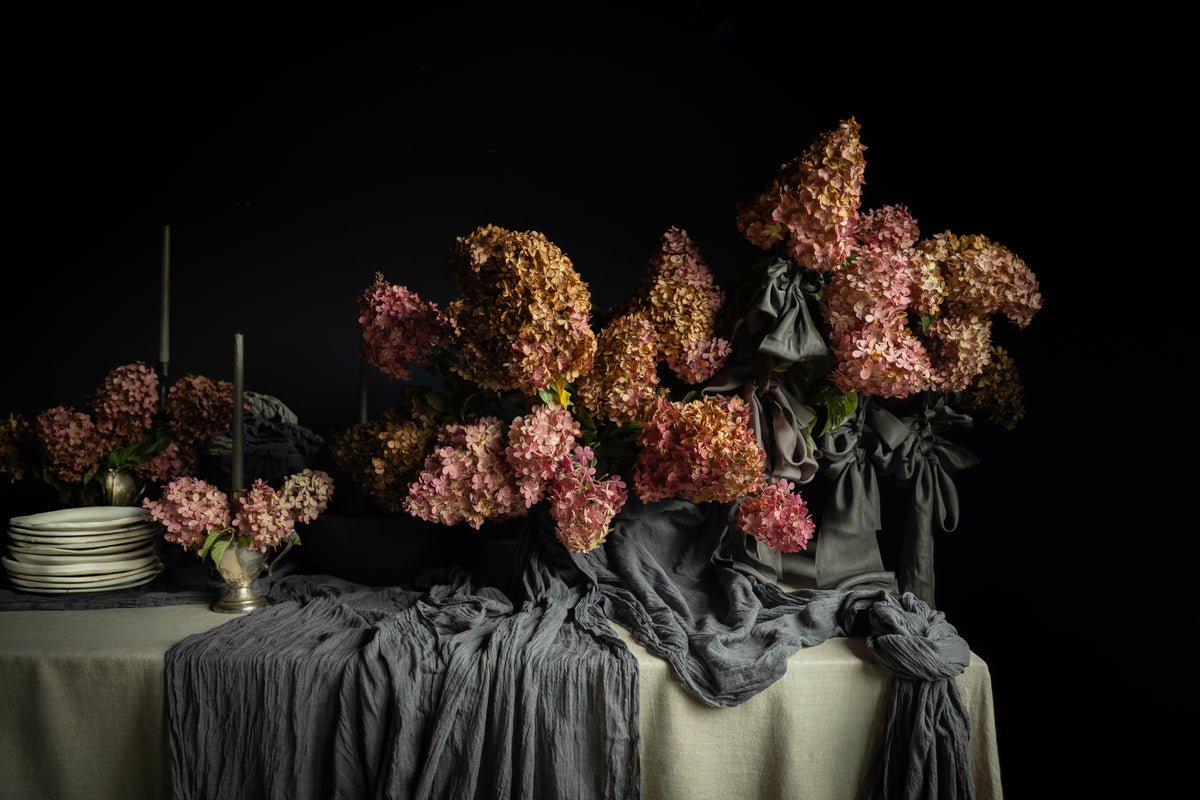 A still life arrangement of dried pink and brown hydrangea-like flowers draped over a table with gray fabric and white plates against a black background.