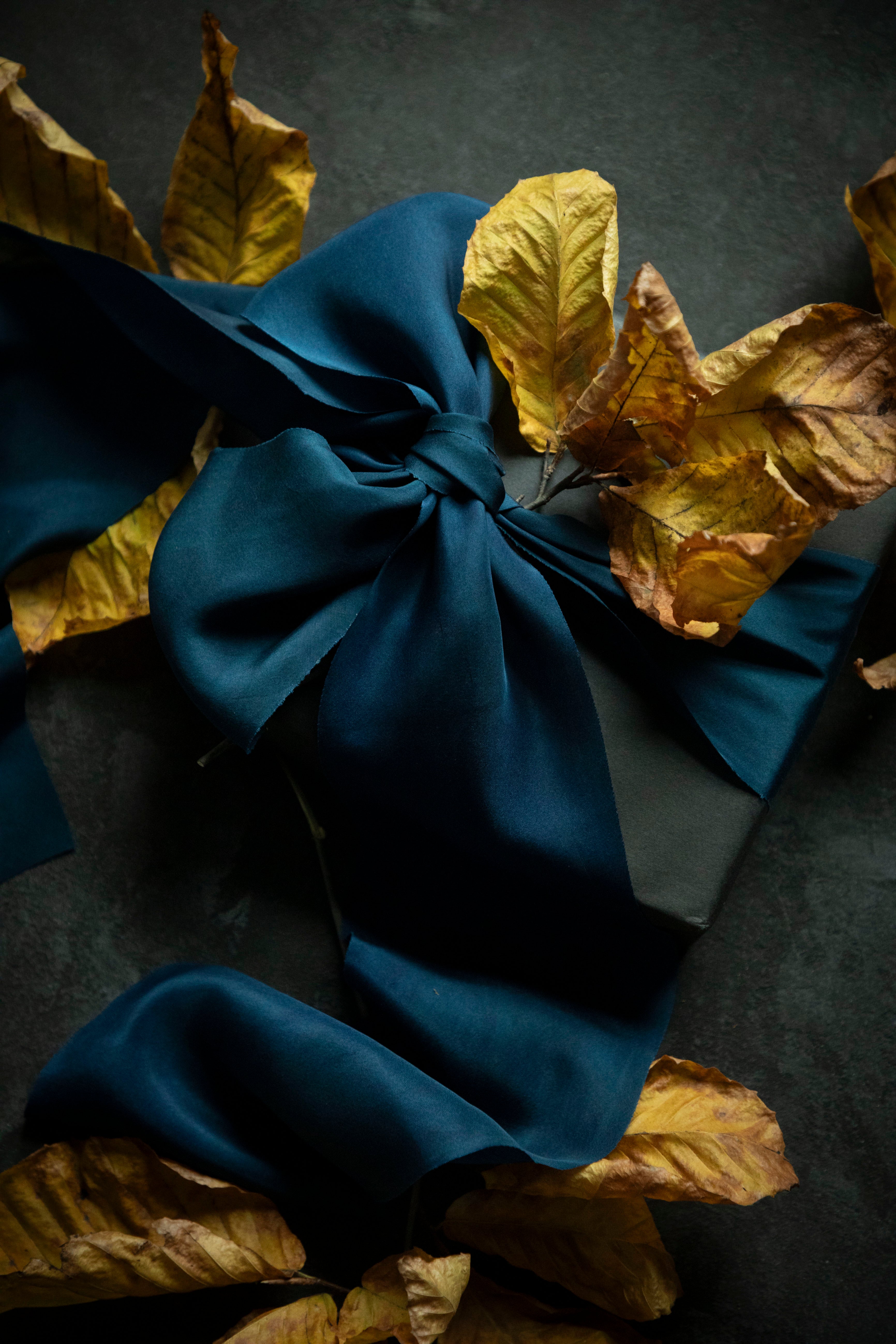 black gift box wrapped with a large bow on a dark surface with yellow leaves