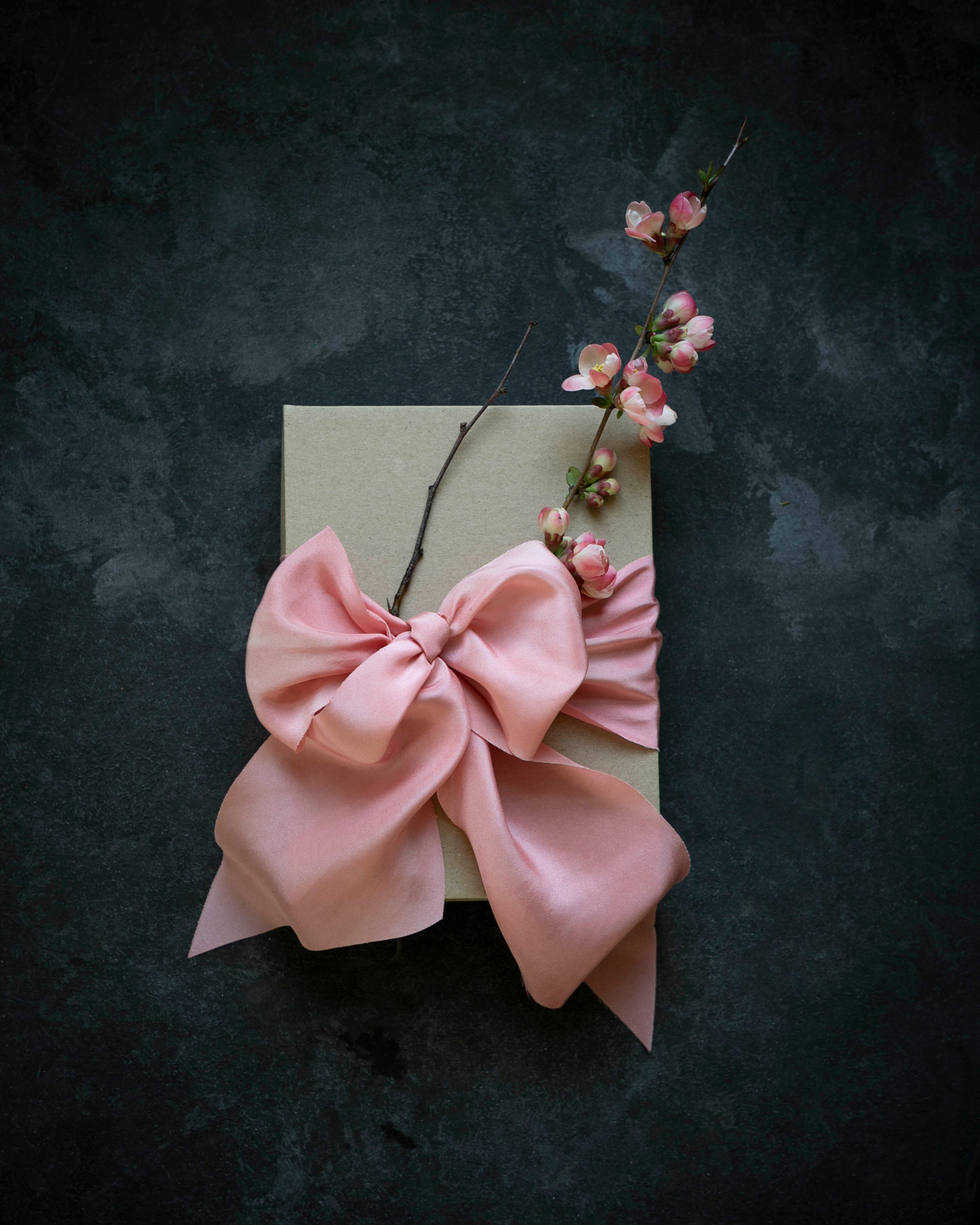 Pink bow and floral branch on a dark textured background