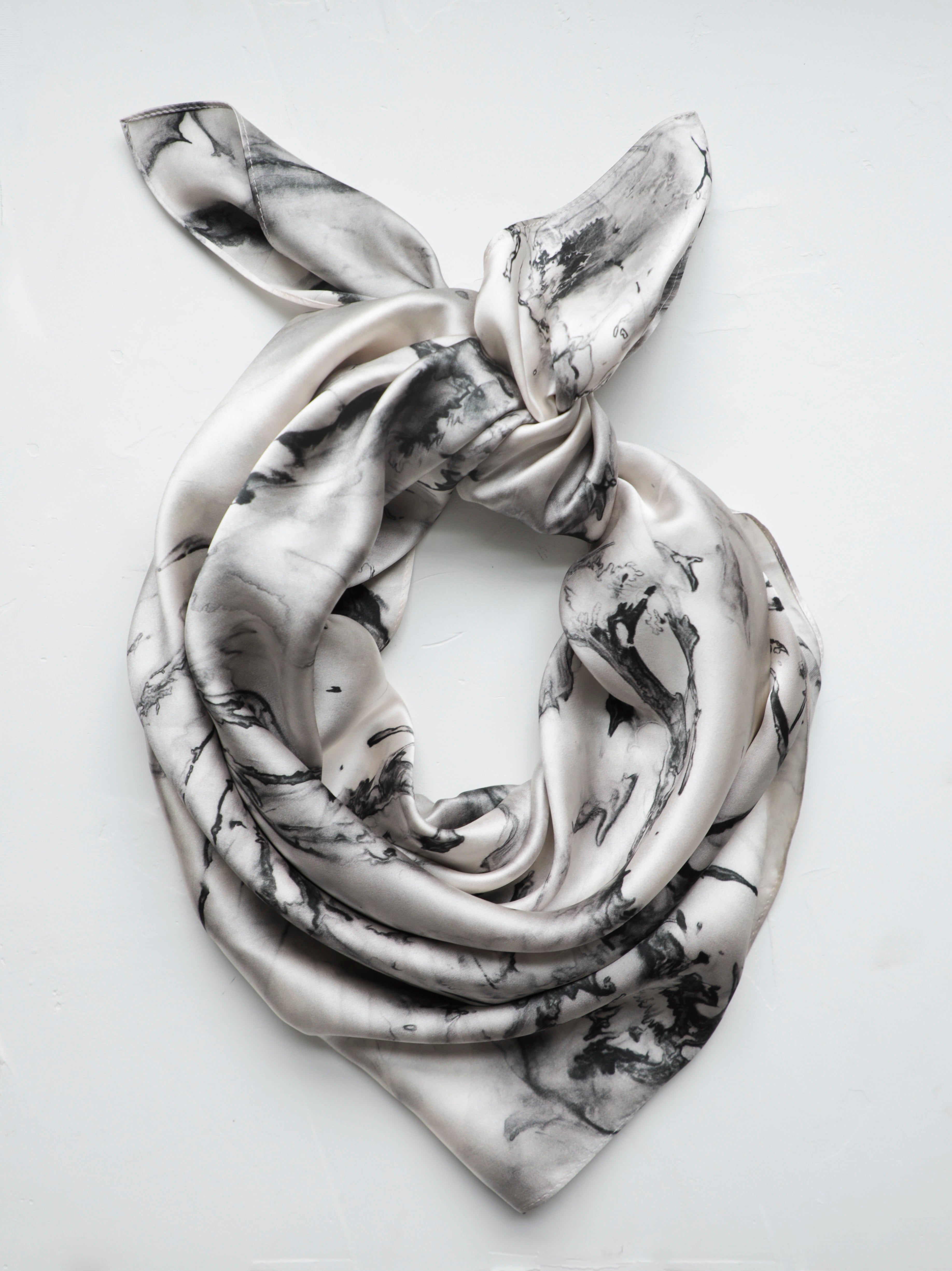 silk scarf with marbled black and white pattern